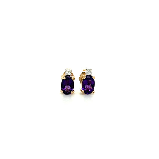 Oval Amethyst Stud Earrings with Accent Diamonds in 14K Yellow Gold Front View