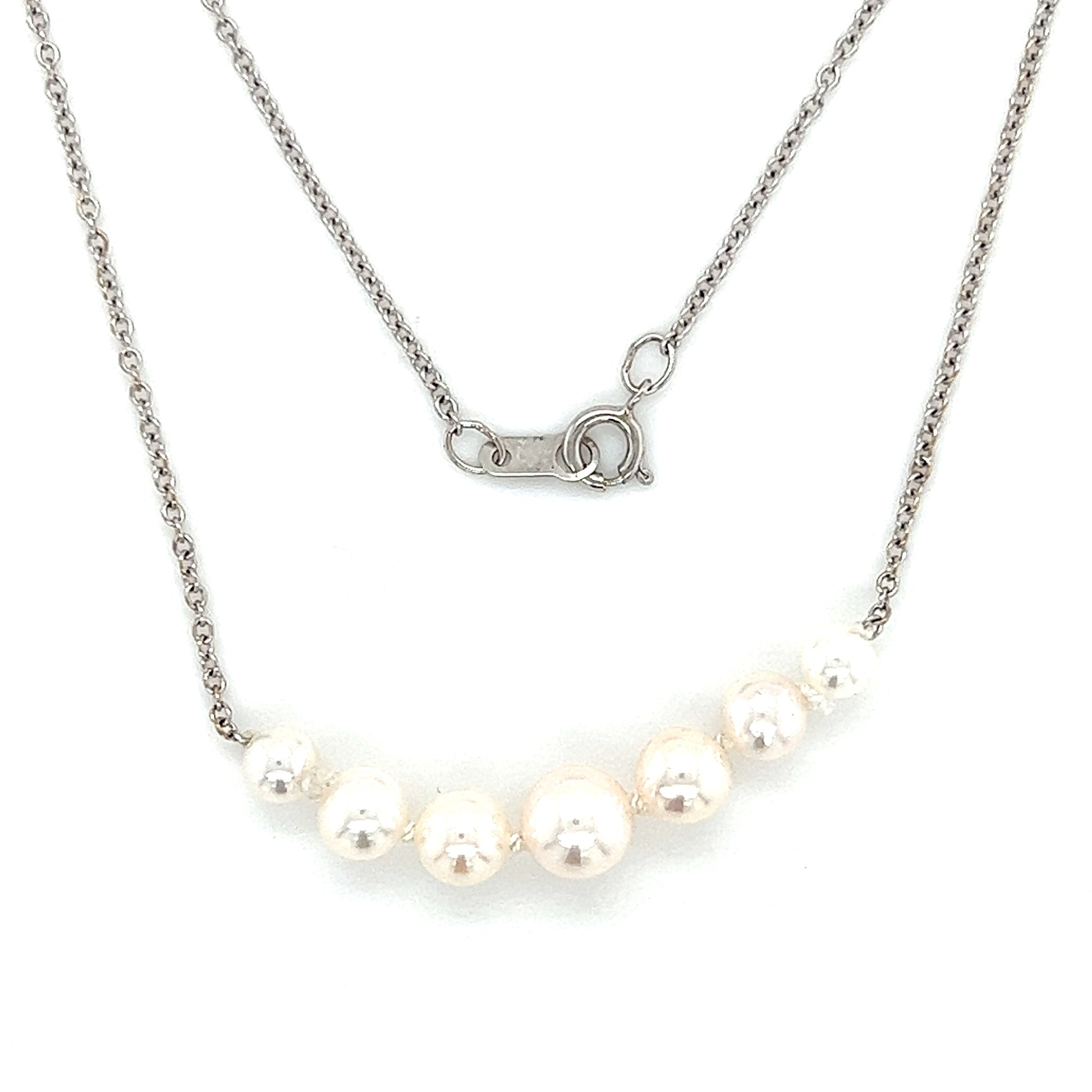 Add-A-Pearl Necklace with Seven White Pearls in 10K White Gold. Pearls and Clasp View
