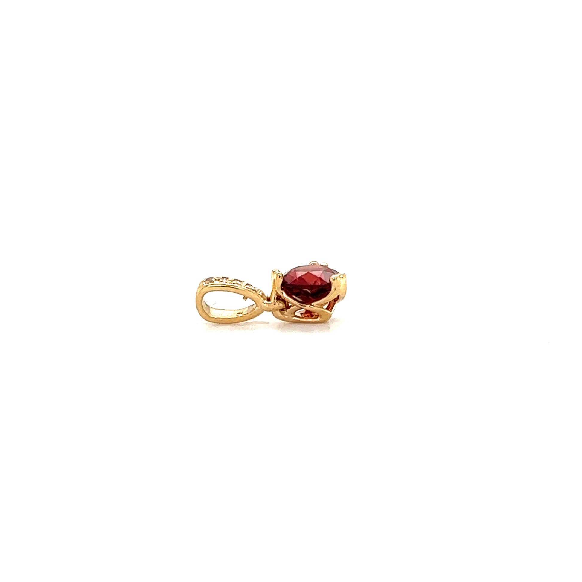 Round Garnet Pendant With Four Diamonds in 14K Yellow Gold Side View