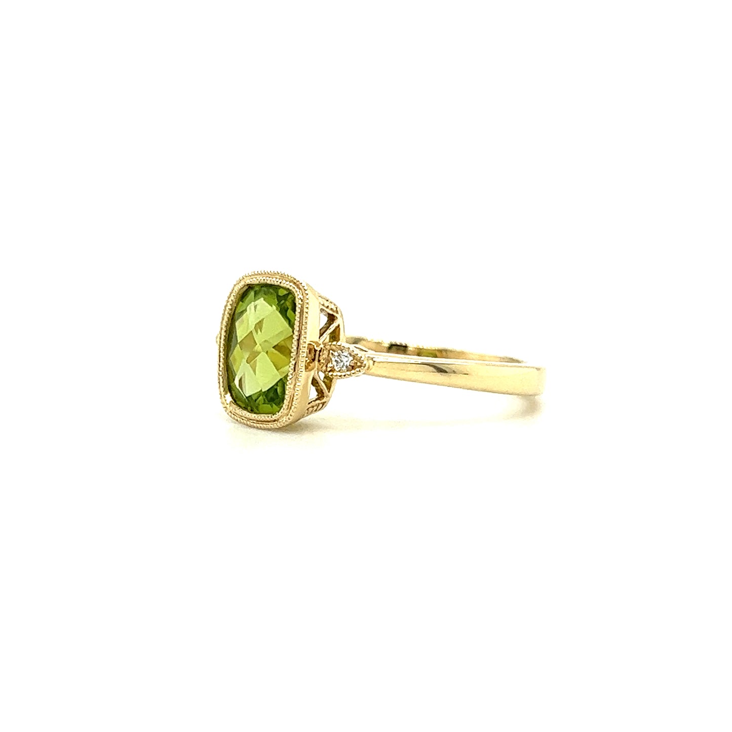 Cushion Peridot Ring with Two Side Diamonds in 14K Yellow Gold Right Side View