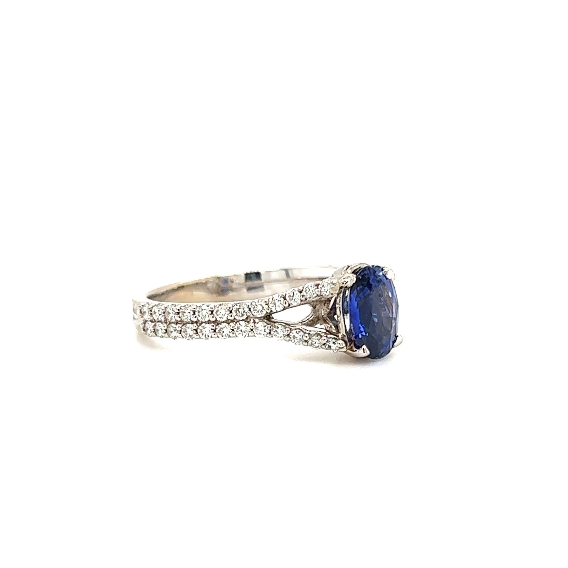 Oval Blue Sapphire Ring with Split Diamond Shank in 14K White Gold Right Profile View