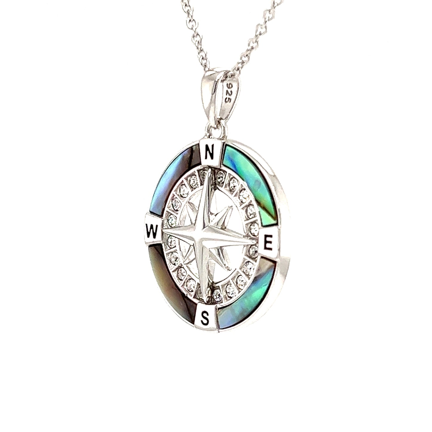 Abalone Shell Compass Necklace with Crystals in Sterling Silver Left Side View