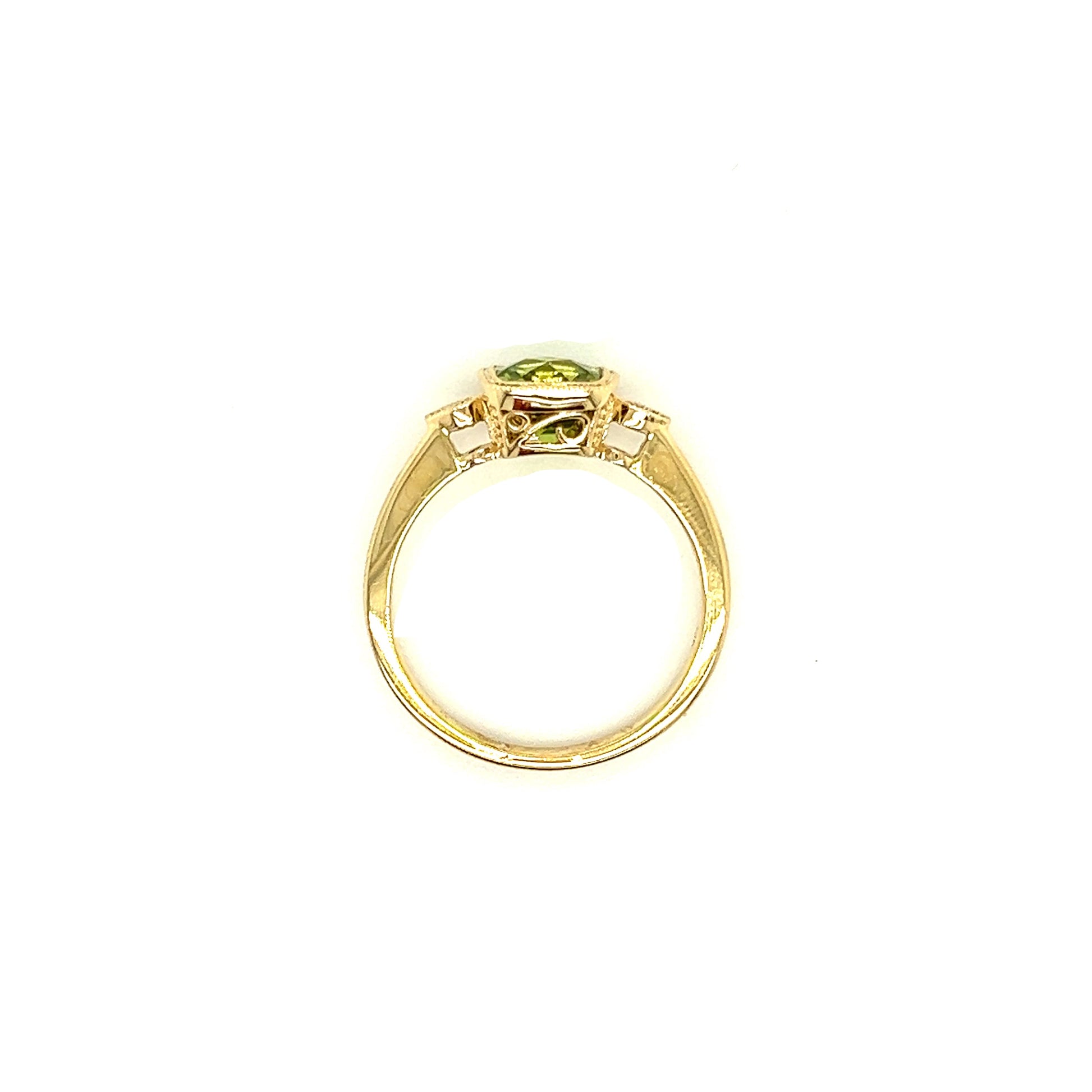Cushion Peridot Ring with Two Side Diamonds in 14K Yellow Gold Top View
