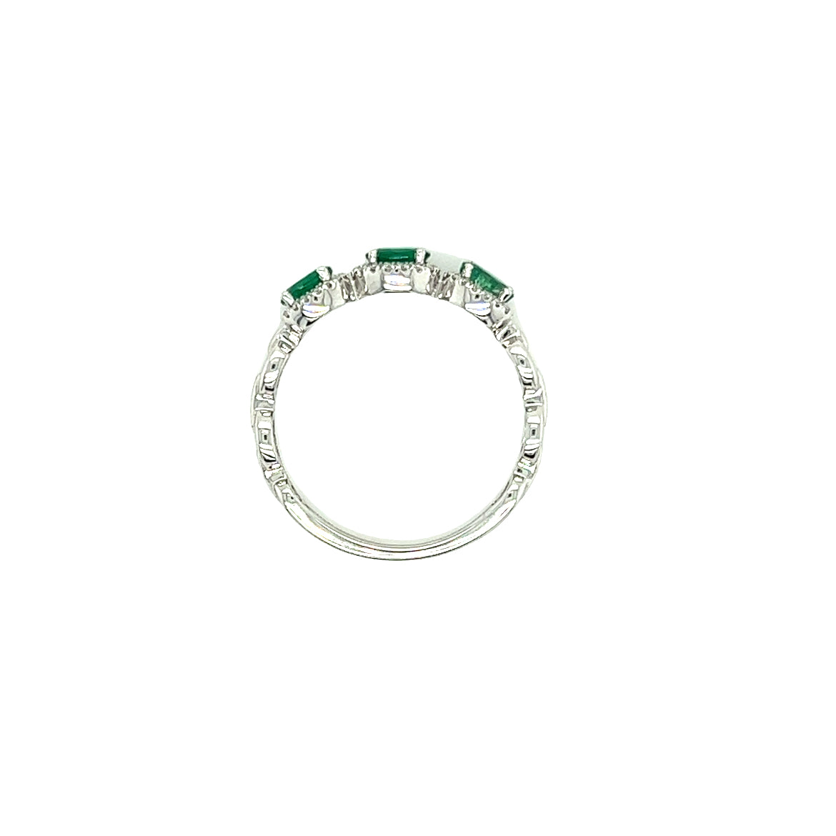 Three Stone Emerald Ring with Forty-Eight Diamonds in 14K White Gold Top View