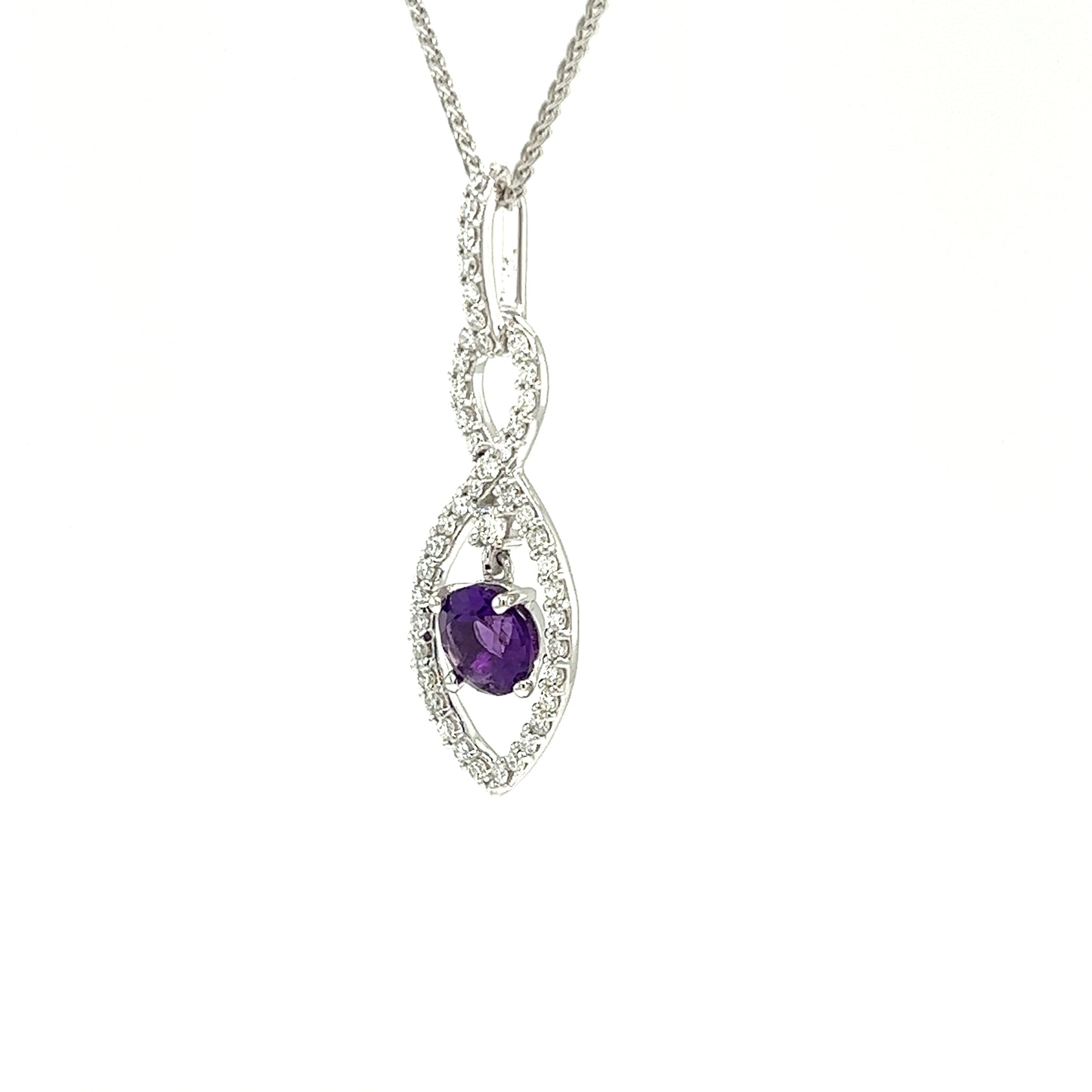 Amethyst Infinity Pendant with Forty-Six Diamonds in 14K White Gold Right Side View