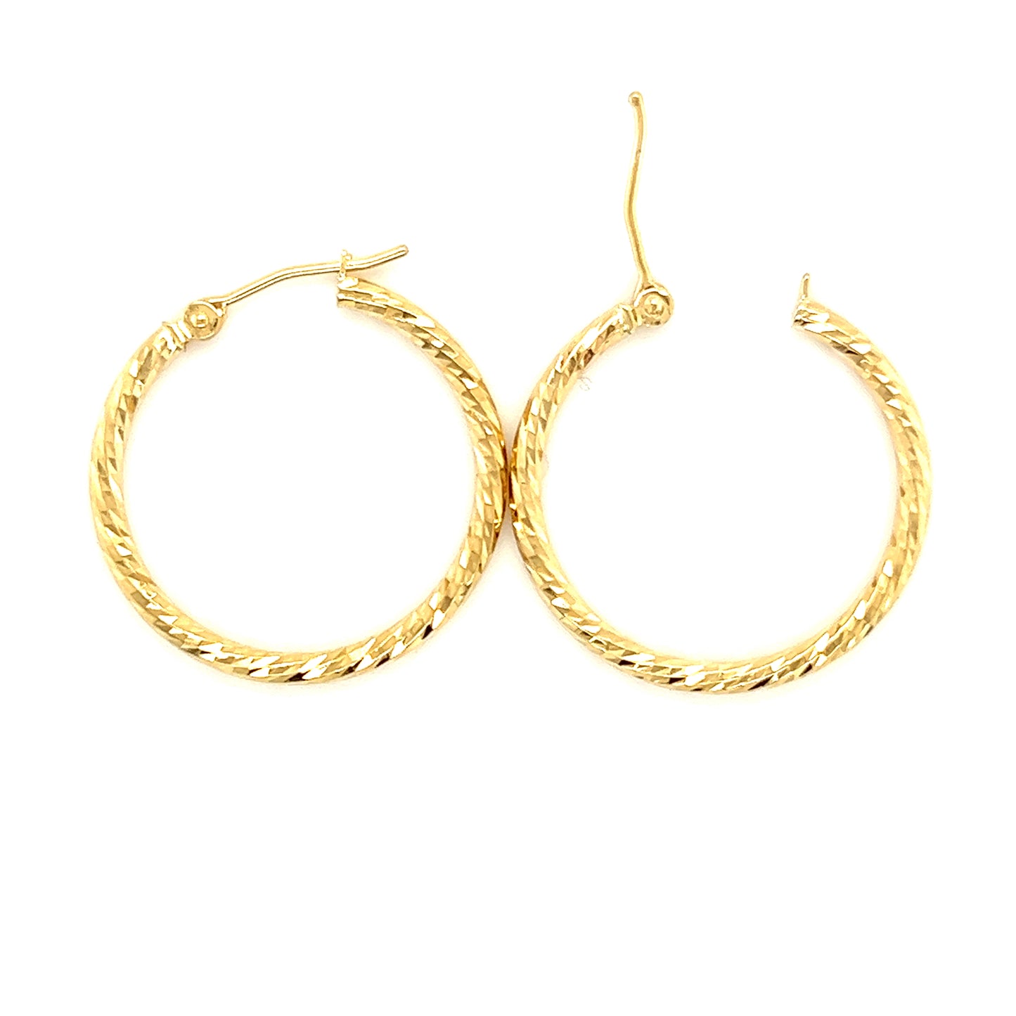 Round Hoop 25.5mm Earrings with Diamond-cut Finish in 14K Yellow Gold Top View with Open Clasp