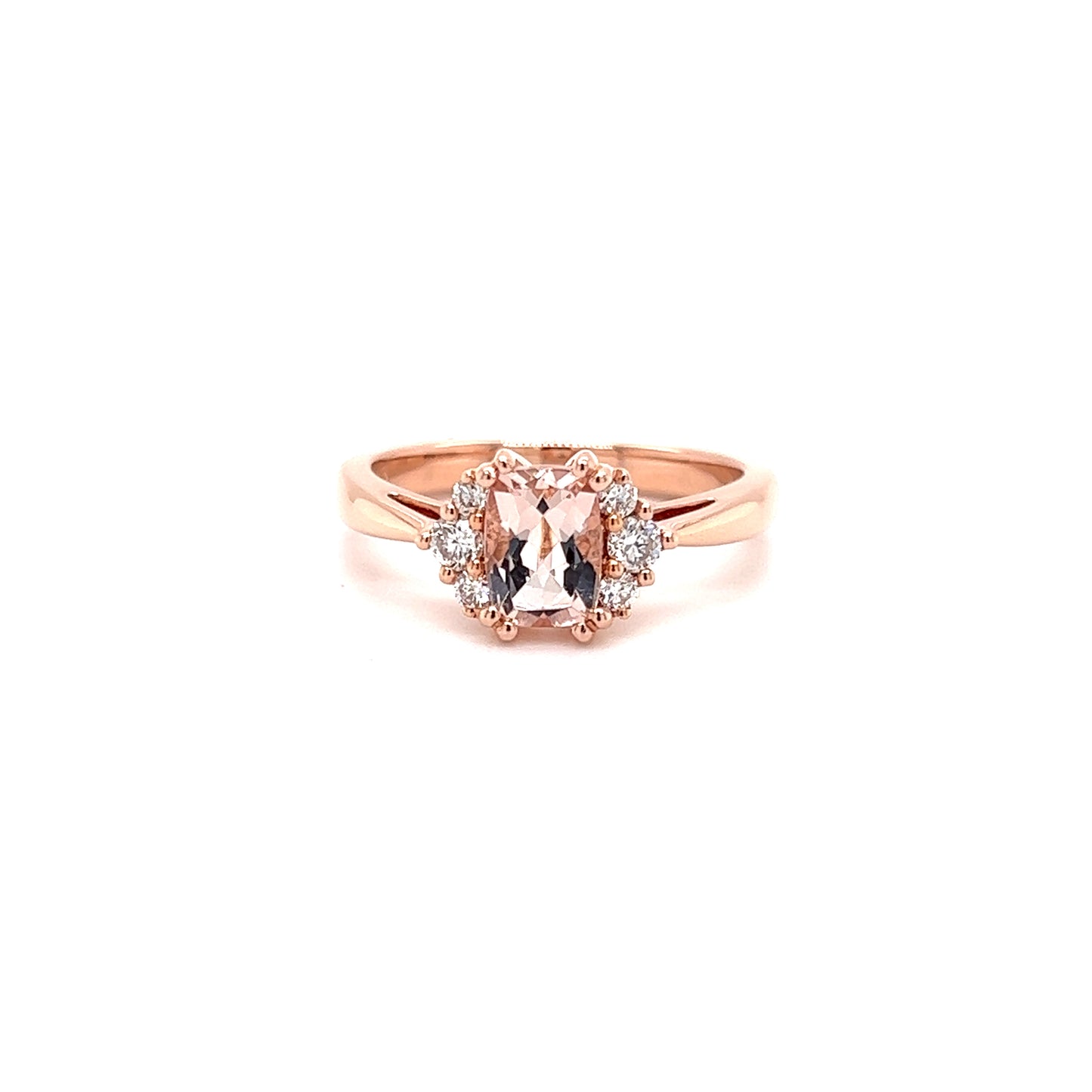 Elongated Cushion Morganite Ring with Six Side Diamonds in 14K Rose Gold Front View Alternative