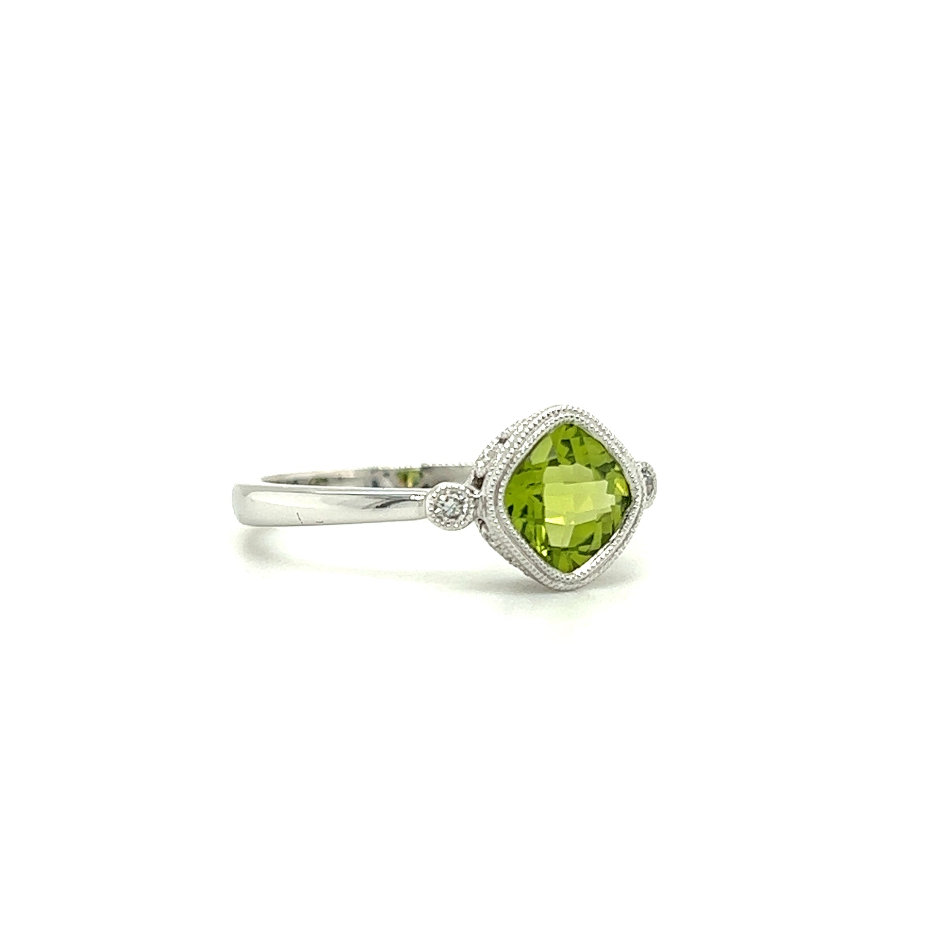 Cushion Peridot Ring with Two Side Diamonds in 14K White Gold Left Side View
