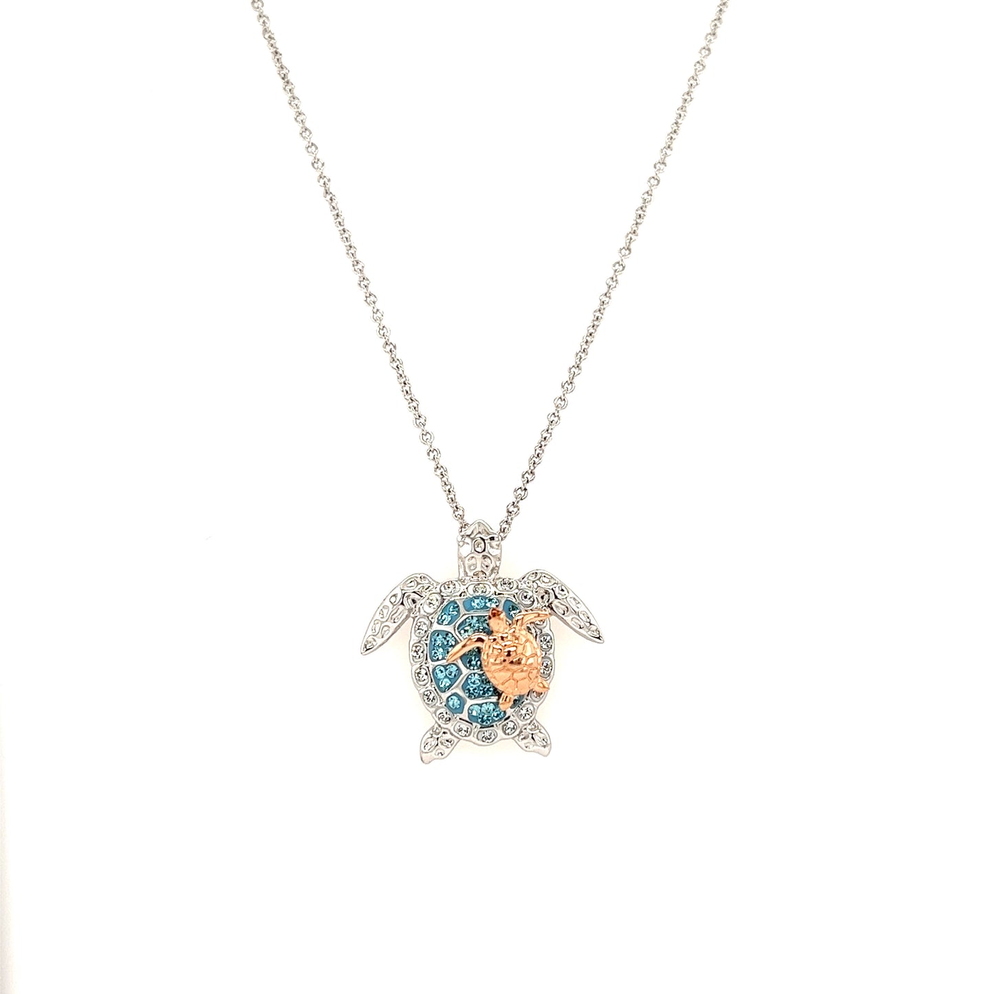 Sea Turtle Necklace with Rose Gold Accent in Sterling Silver Necklace Front View