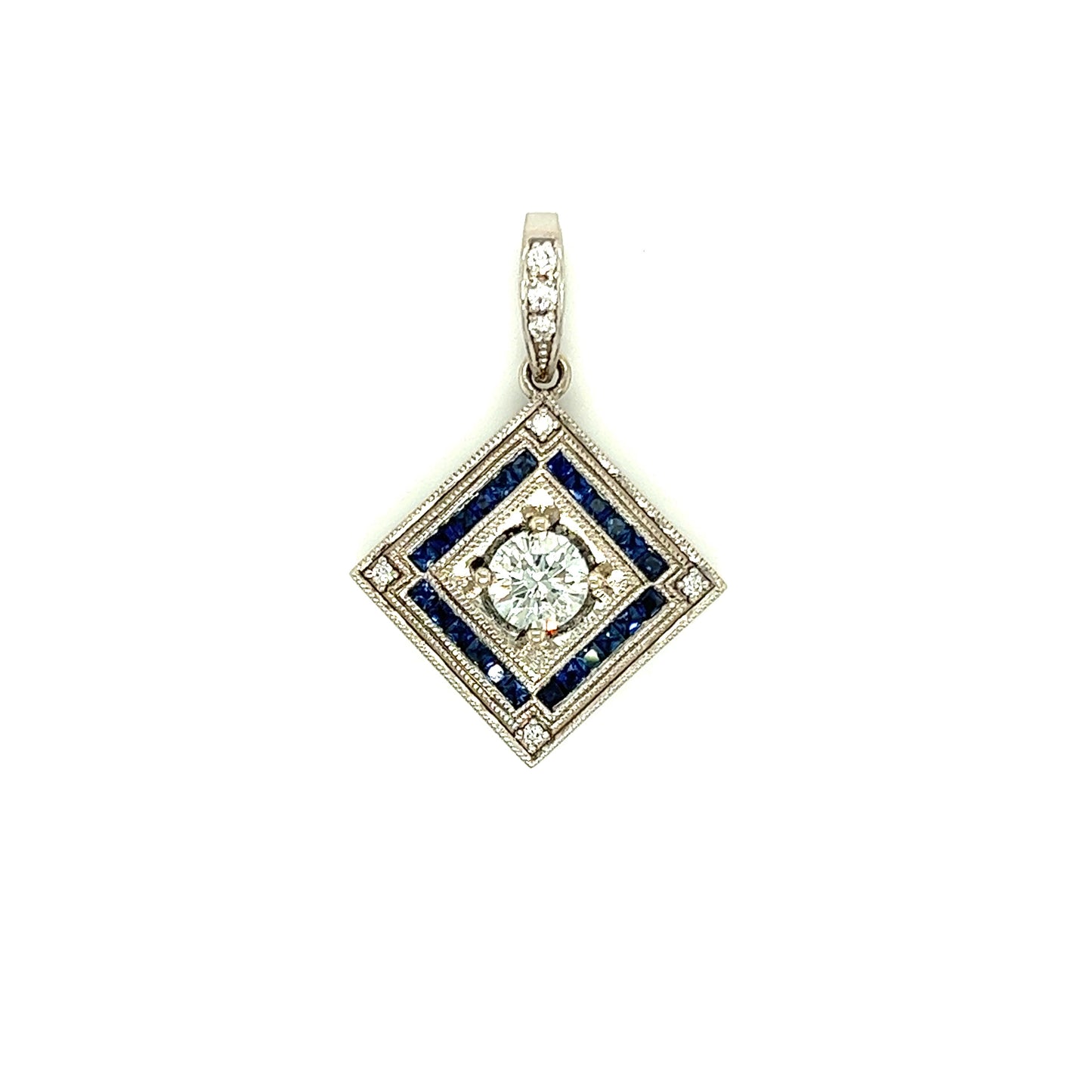 Square on Point Diamond Necklace with 0.64ctw of Blue Sapphires in White Gold Pendant Front View