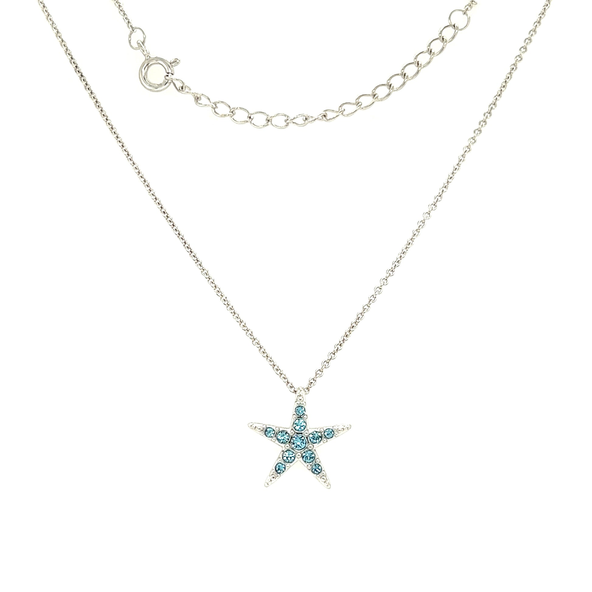 Starfish Necklace with Aqua Crystals in Sterling Silver Full Necklace Front View