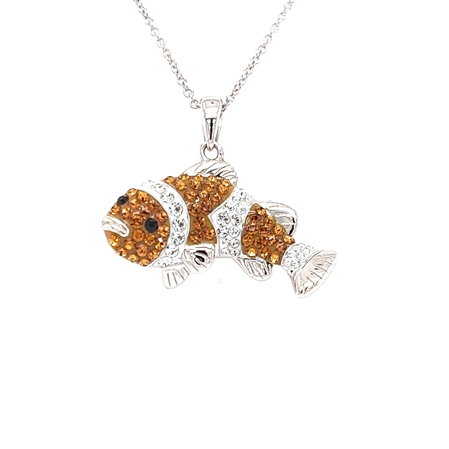 Clownfish Necklace with Orange and White Crystals in Sterling Silver Pendant View