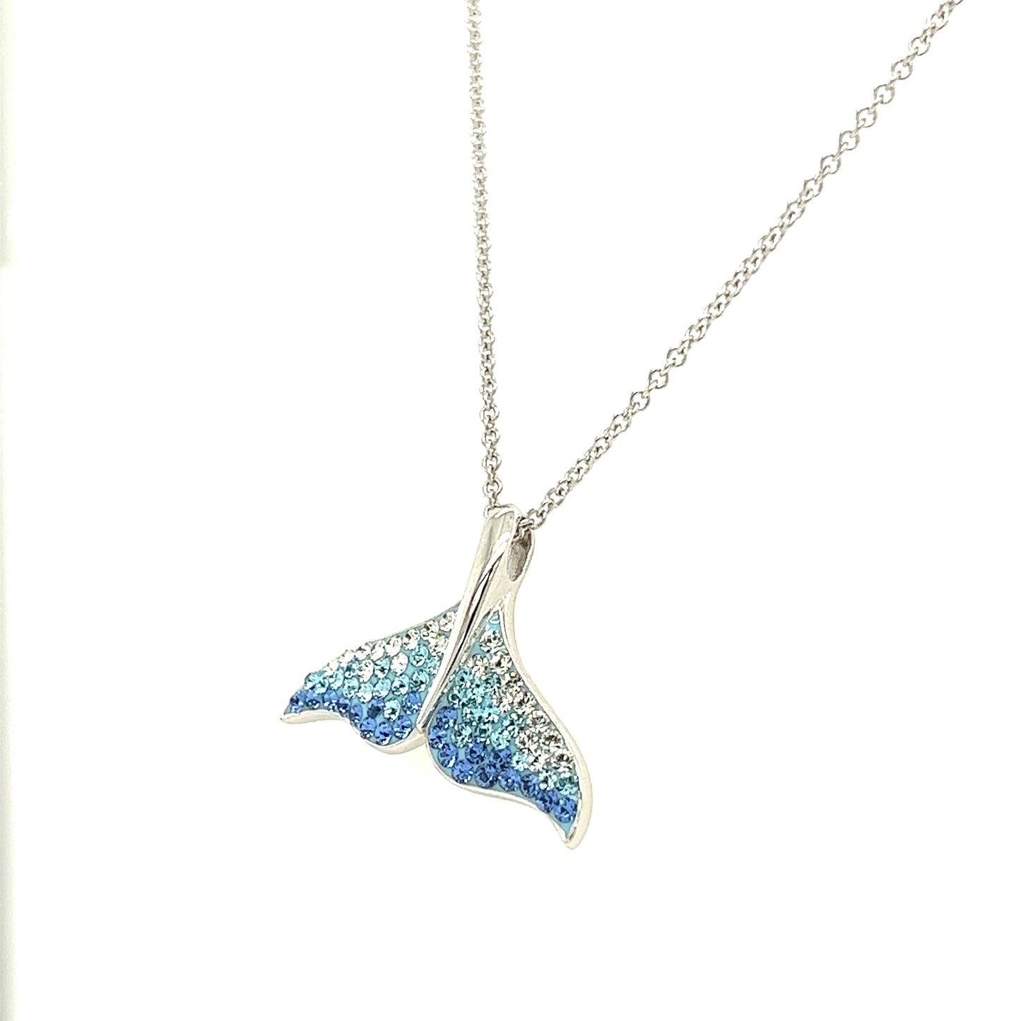Whale Tail Necklace with White, Aqua and Blue Crystals in Sterling Silver Right Side View