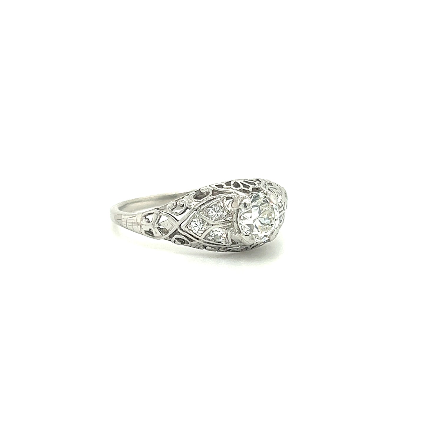 Old European-Cut Diamond Ring with Six Side Diamonds in Platinum Left Side View