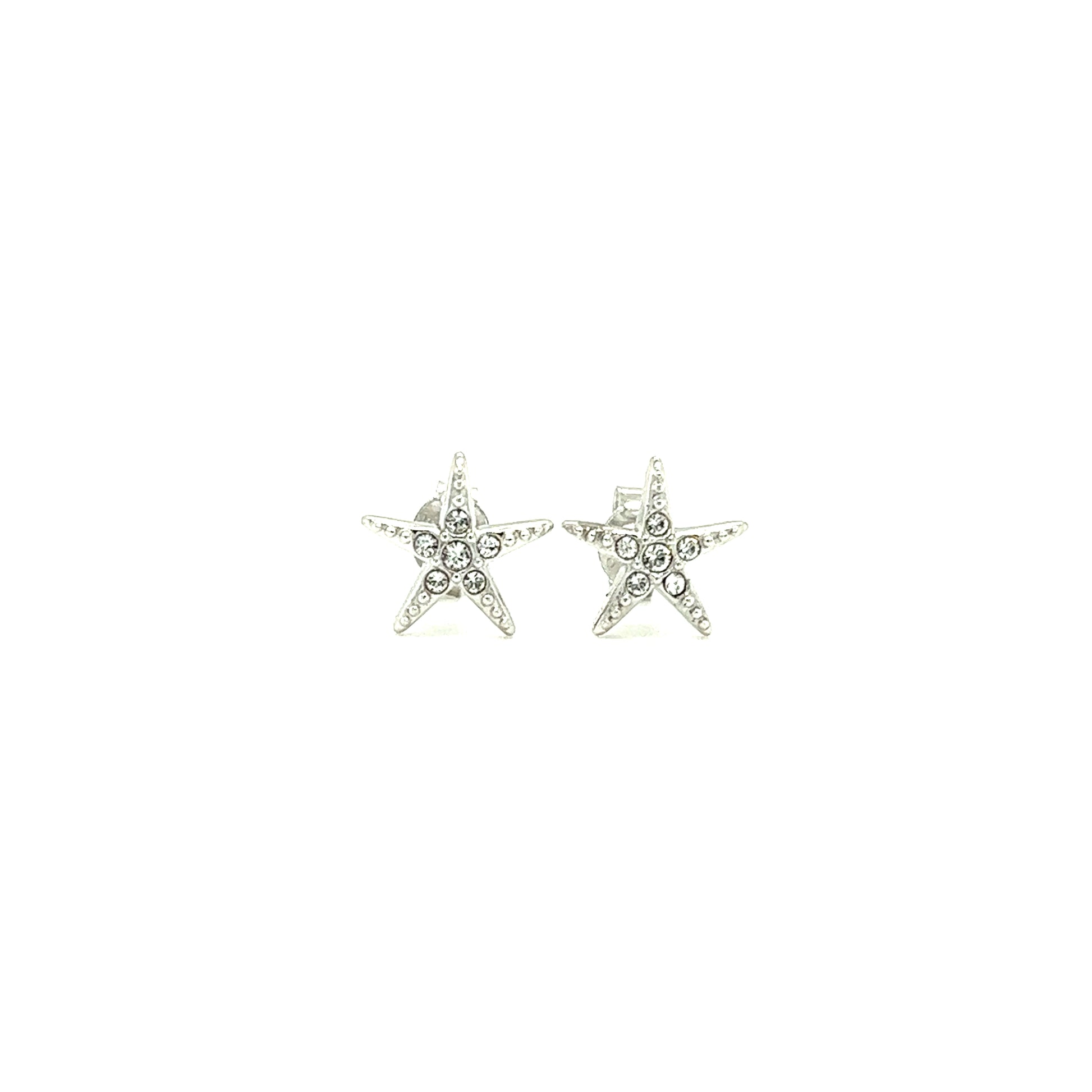 Starfish Stud Earrings with White Crystals in Sterling Silver Front View