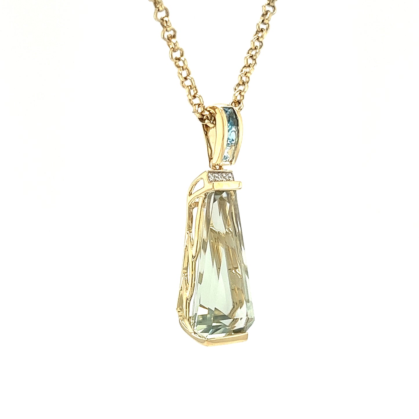 Green Amethyst Pendant with Blue Topaz and Diamonds in 14K Yellow Gold Left Side View