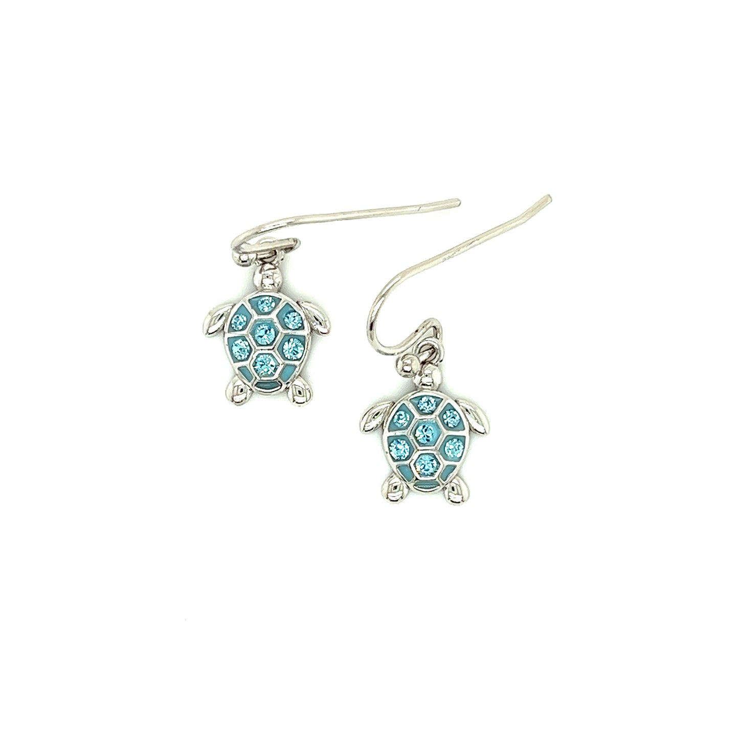 Sea Turtle Dangle Earrings with Aqua Crystals in Sterling Silver Front View 