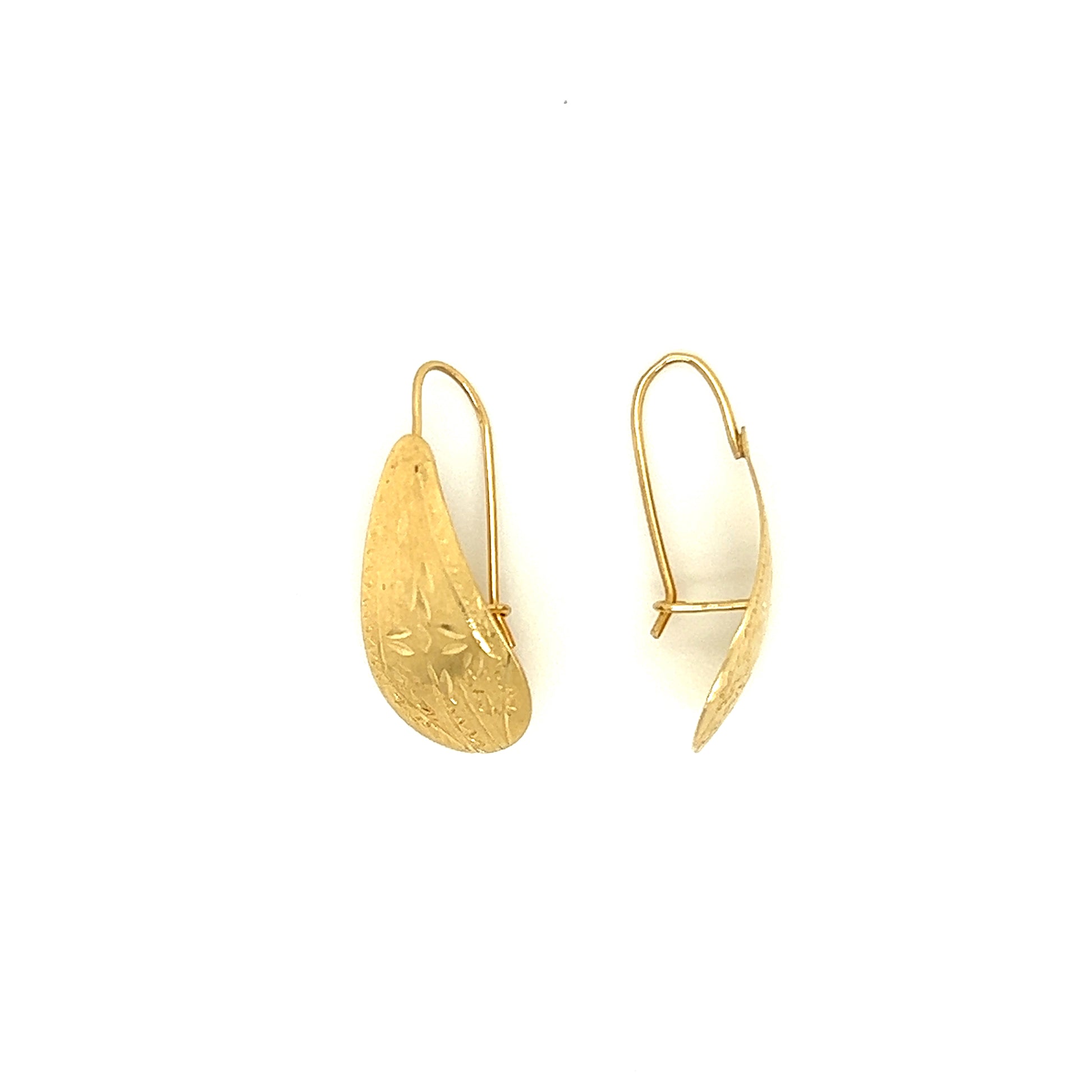 Gold Petal Drop Earrings with Engraving in 14K Yellow Gold Right Profile