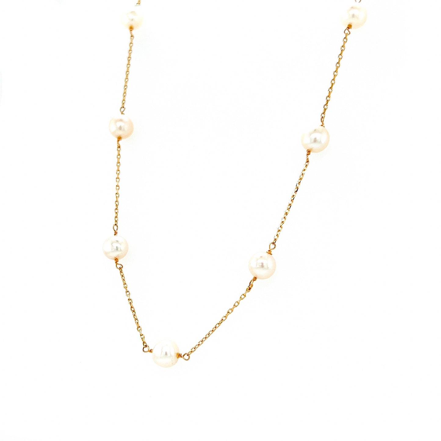 Freshwater Pearl Station Necklace with Fourteen Pearls in 14K Yellow Gold Right Side