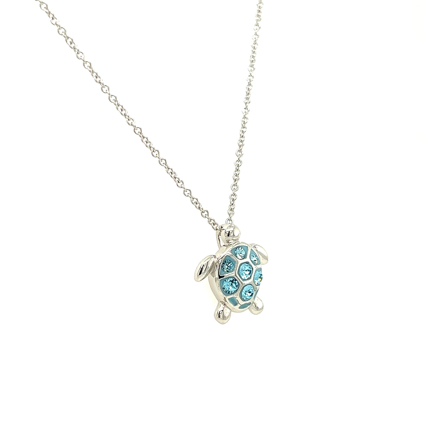 Aqua Sea Turtle Necklace with Aqua Crystals in Sterling Silver Left Side View