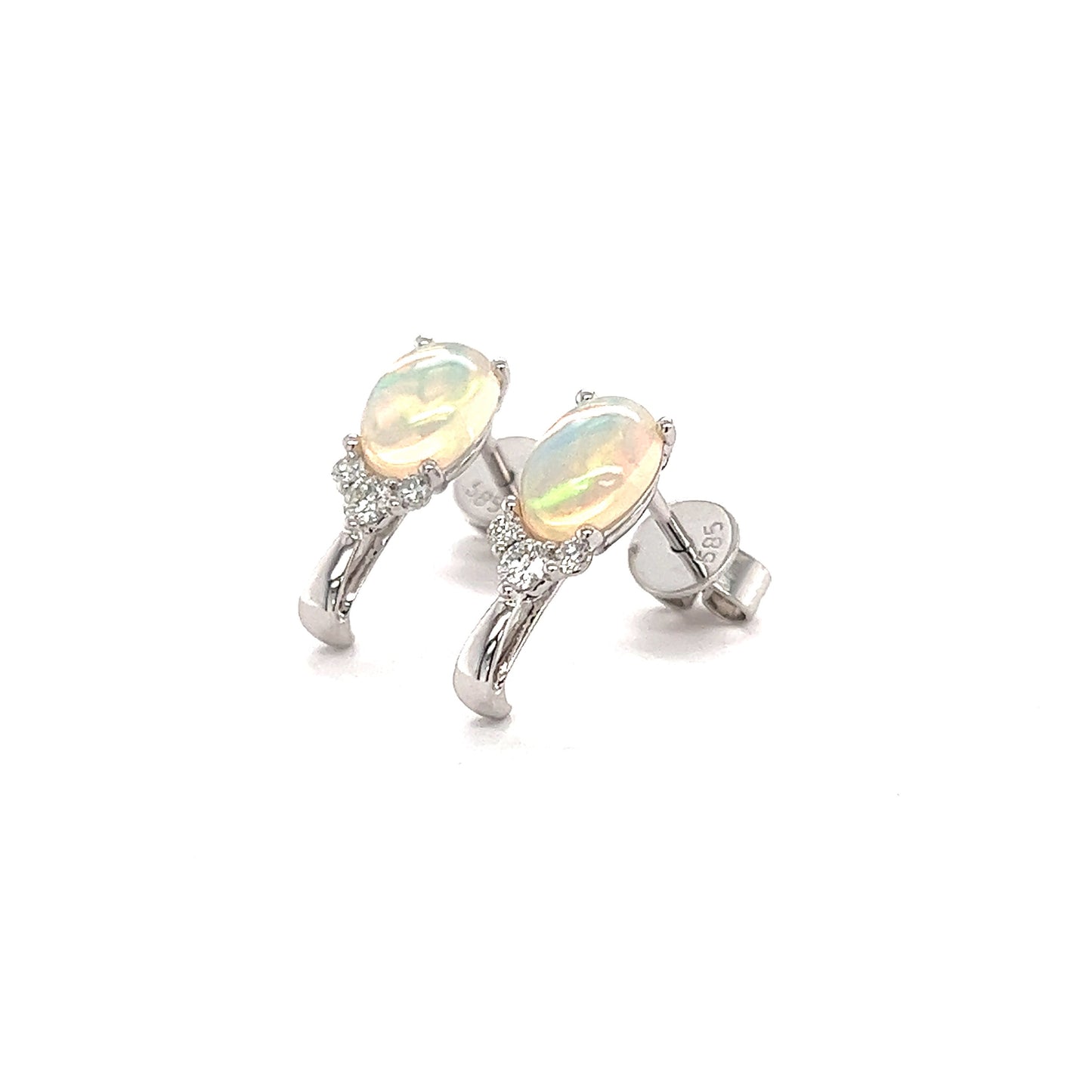White Ethiopian Opal Stud Earrings with Accent Diamonds in 14K White Gold Right Side View