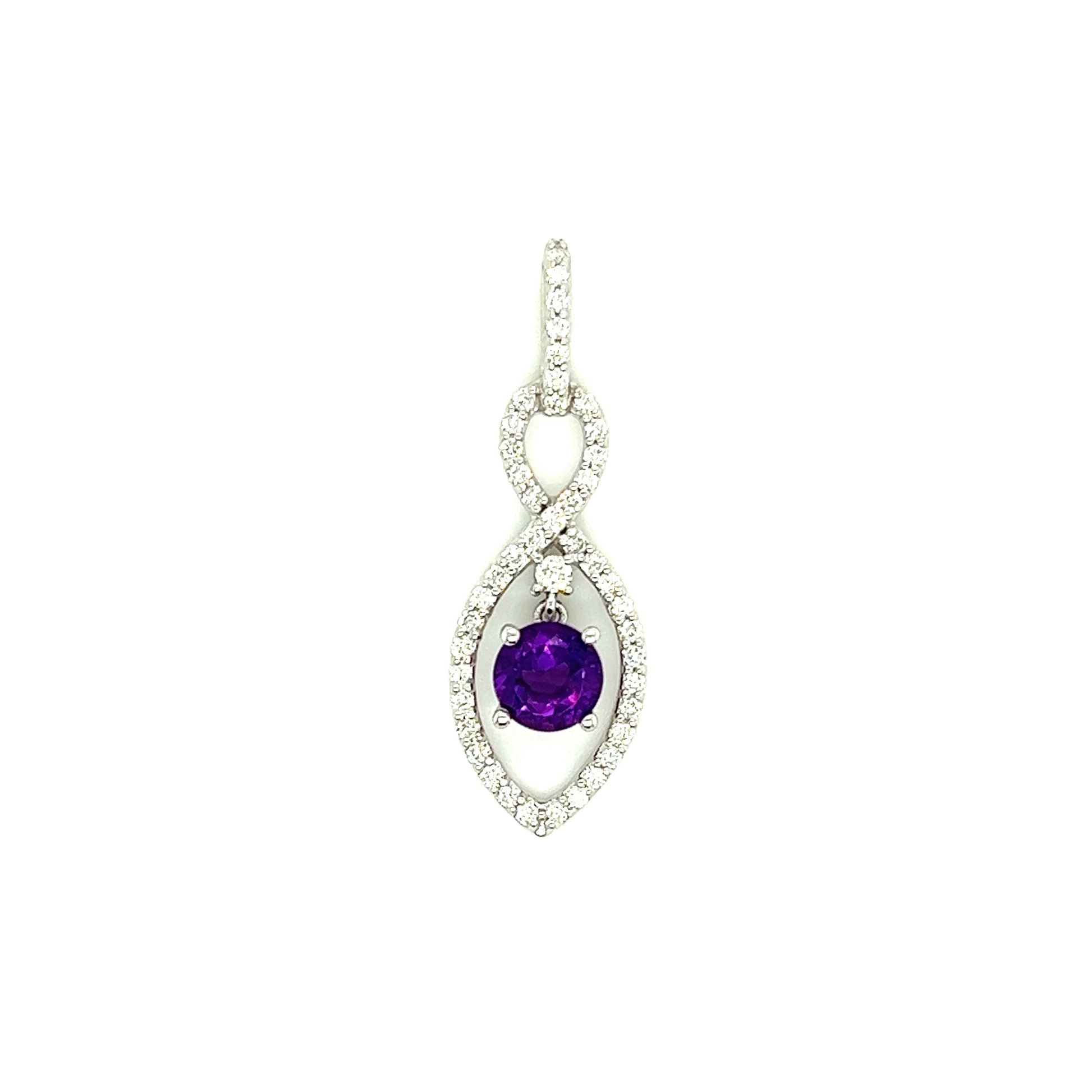 Amethyst Infinity Pendant with Forty-Six Diamonds in 14K White Gold Pendant Front View