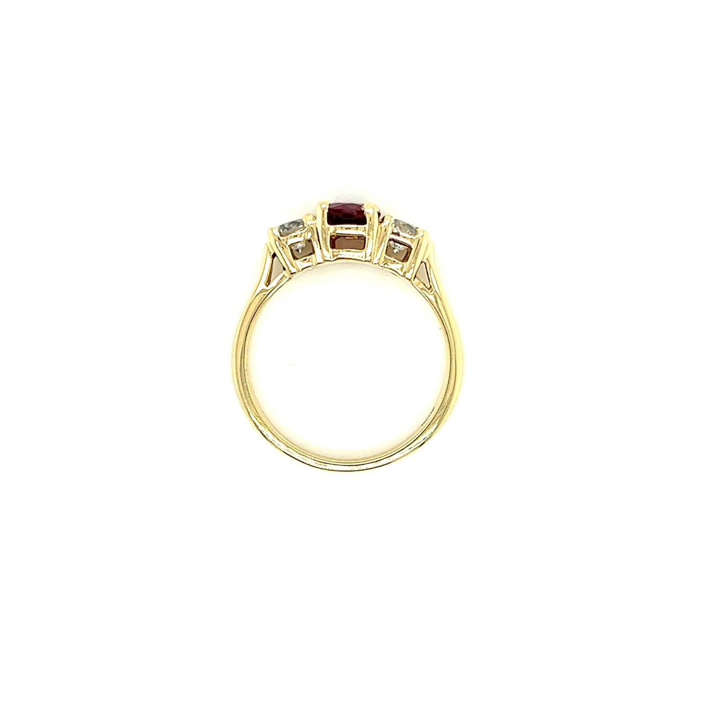 Round Ruby Ring with Two Side Diamonds in 14K Yellow Gold Top View