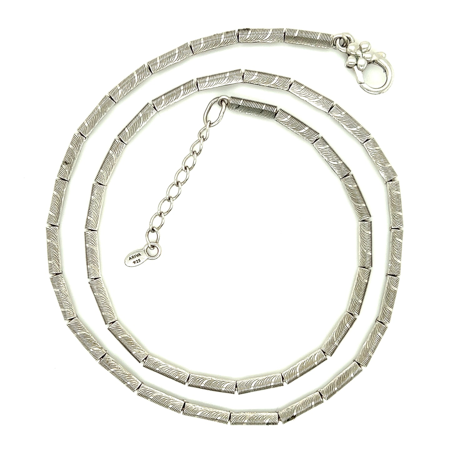 Textured Bar Link Necklace with Floral Claw Clasp in Sterling Silver Full Necklace View