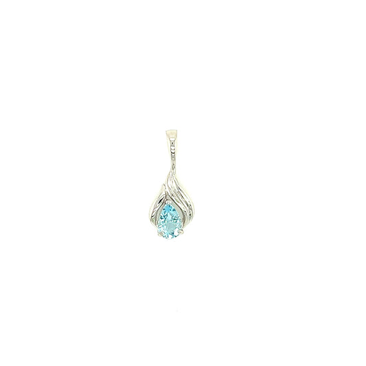 Pear Aquamarine Pendant with Flame Motif in 14K White Gold Front View