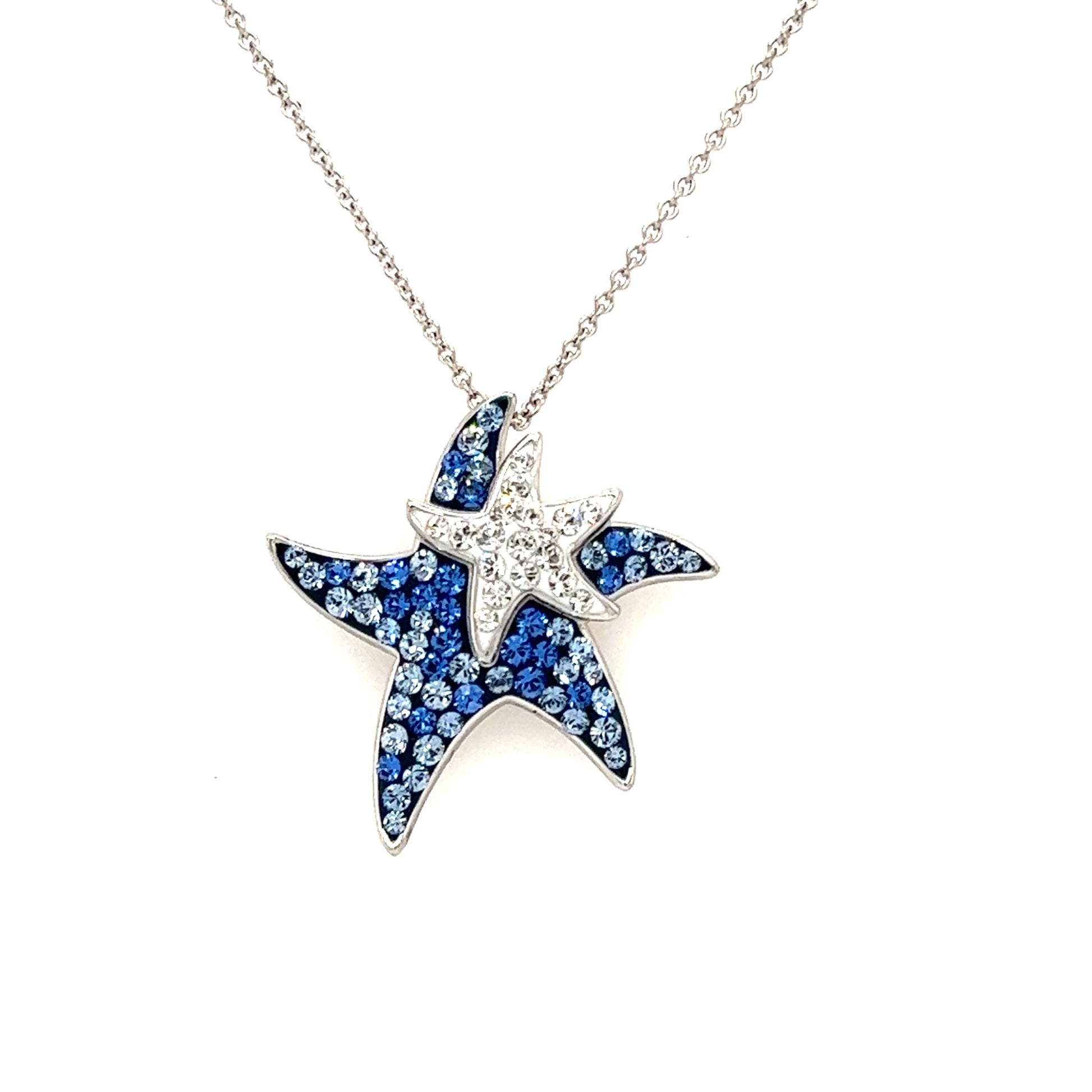Blue Starfish Necklace with White and Blue Crystals in Sterling Silver. Front View