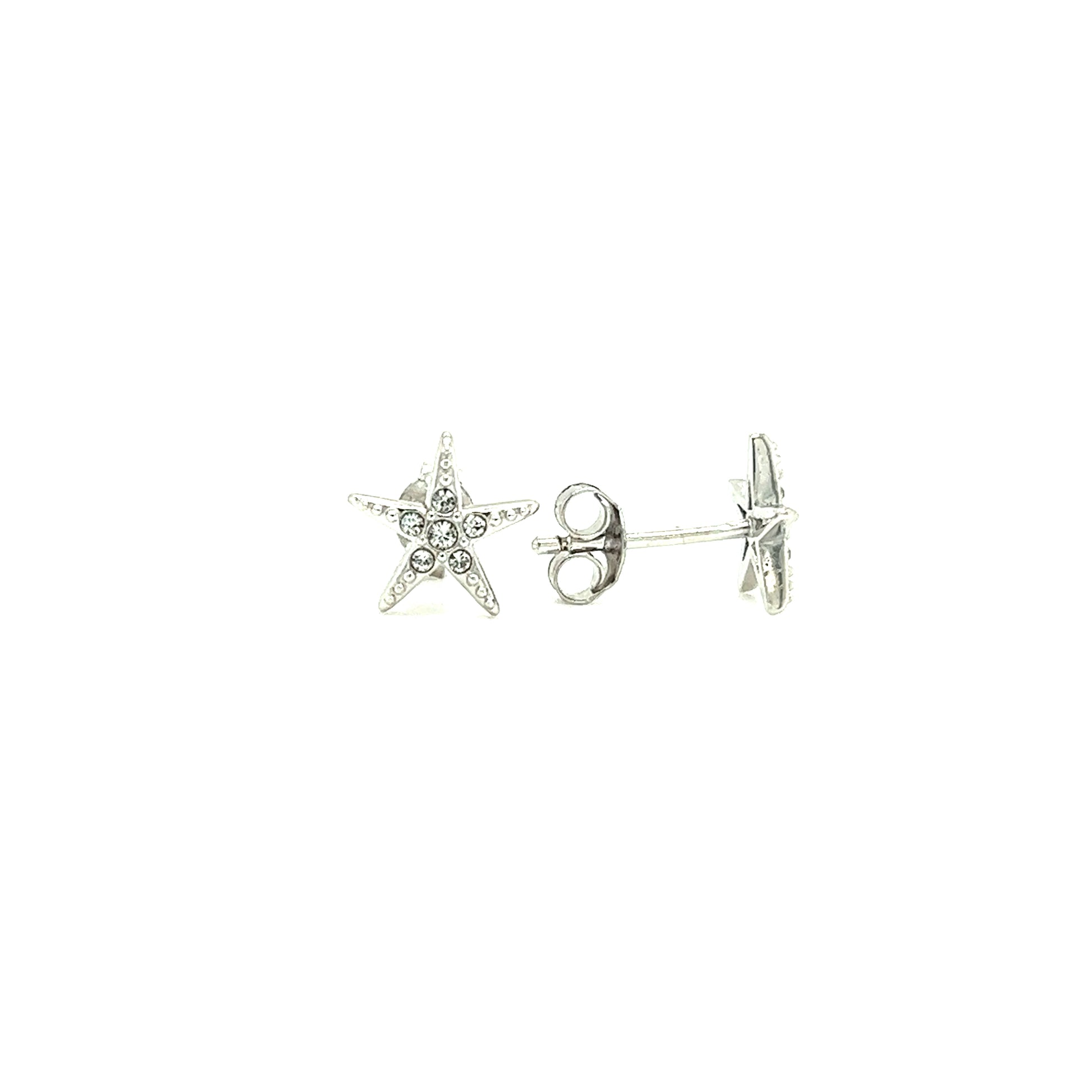 Starfish Stud Earrings with White Crystals in Sterling Silver Front and Side View
