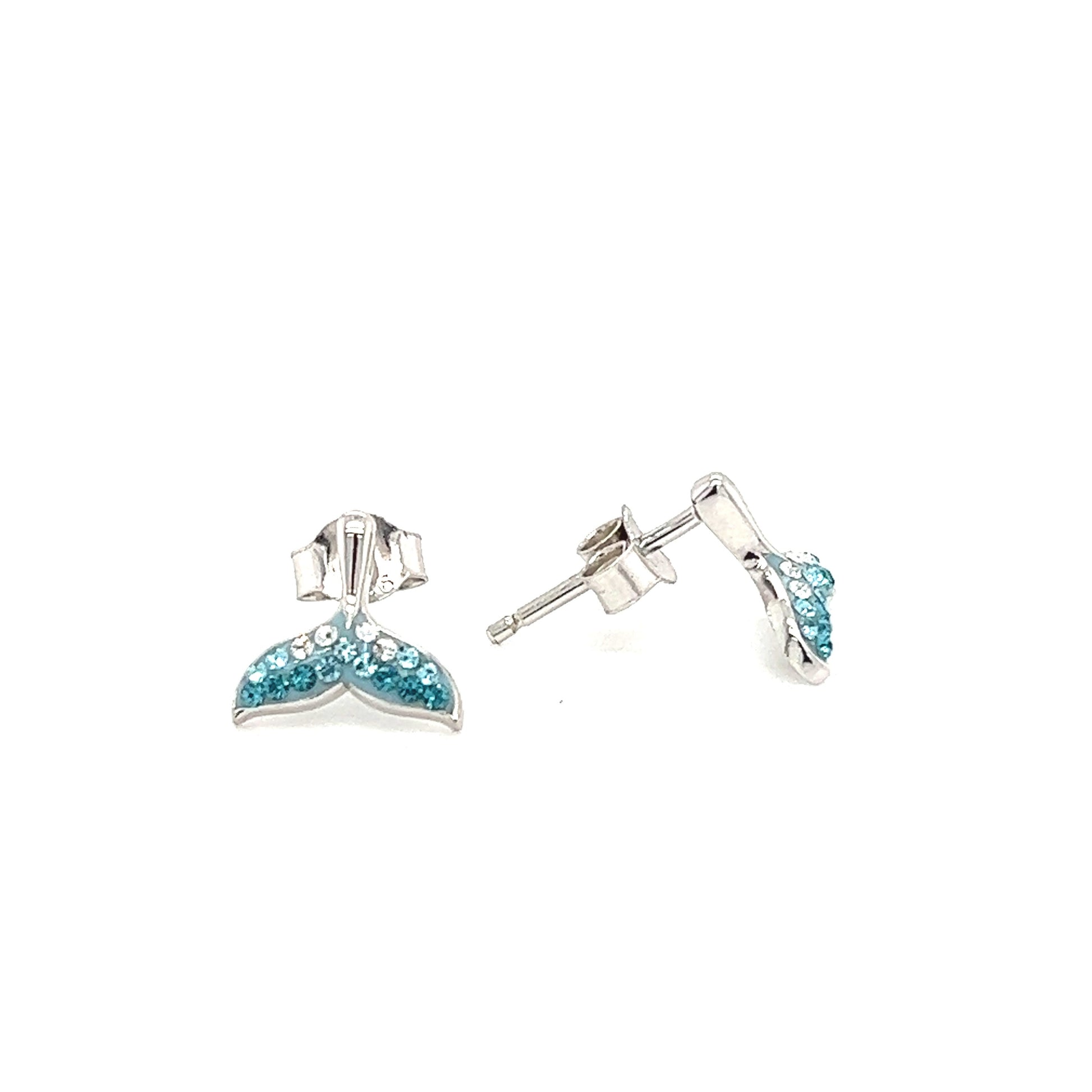Whale Tail Stud Earrings with Turquoise Crystals in Sterling Silver. Front and Side View