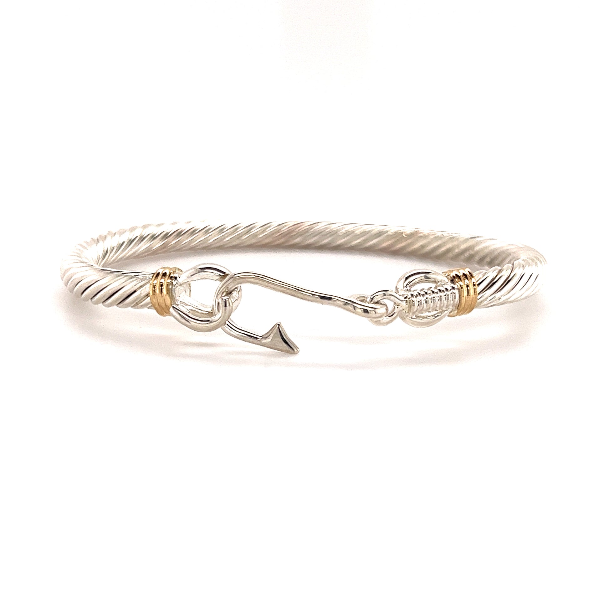 Fish Hook Cable 5mm Bangle Bracelet with 14K Wraps in Sterling Silver Front View