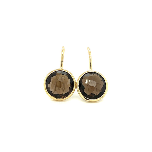 Smoky Quartz Dangle Earrings with French Wires in 14K Yellow Gold Front View