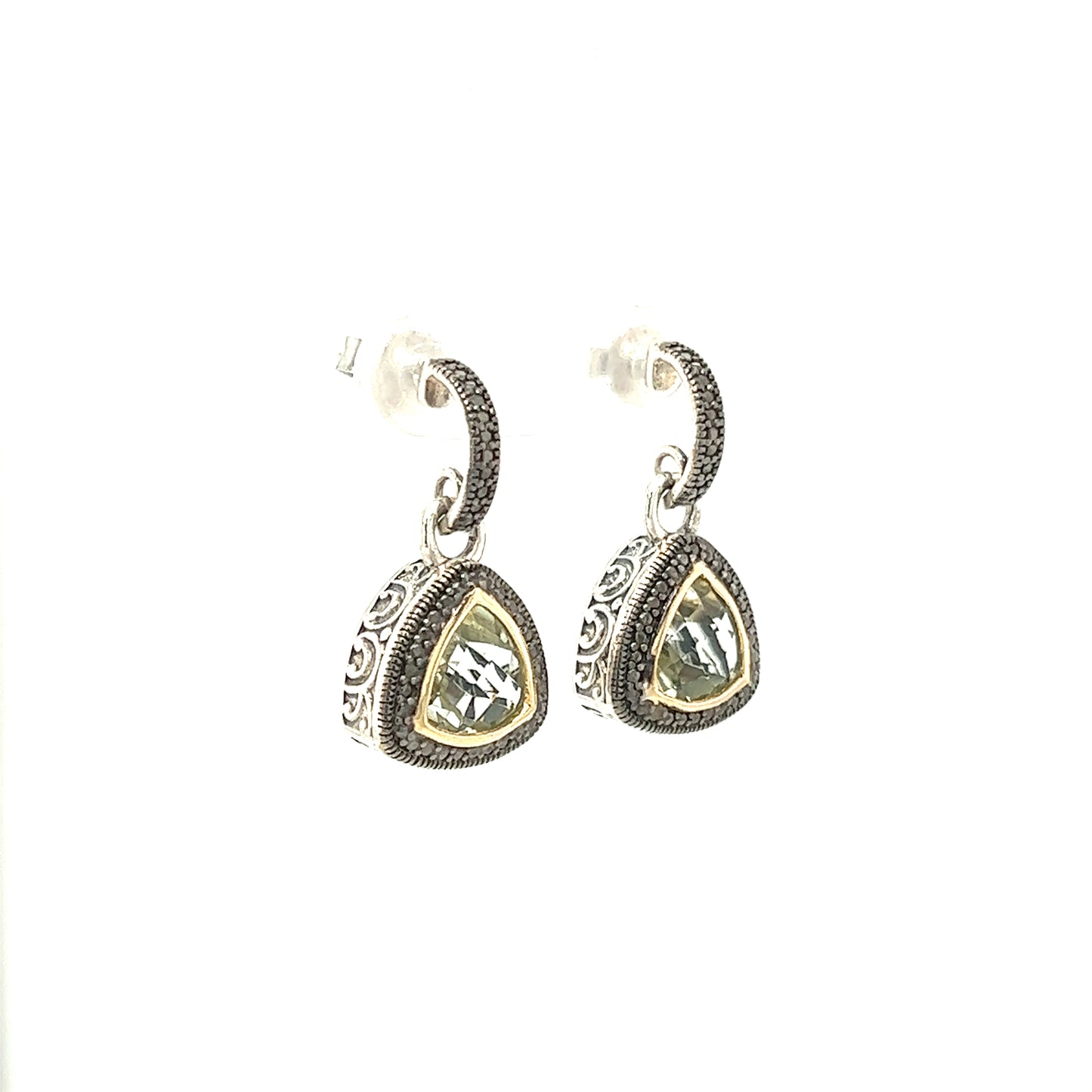 Trillion Green Quartz Dangle Earrings with 14K Yellow Gold Accent in Sterling Silver Left Side View
