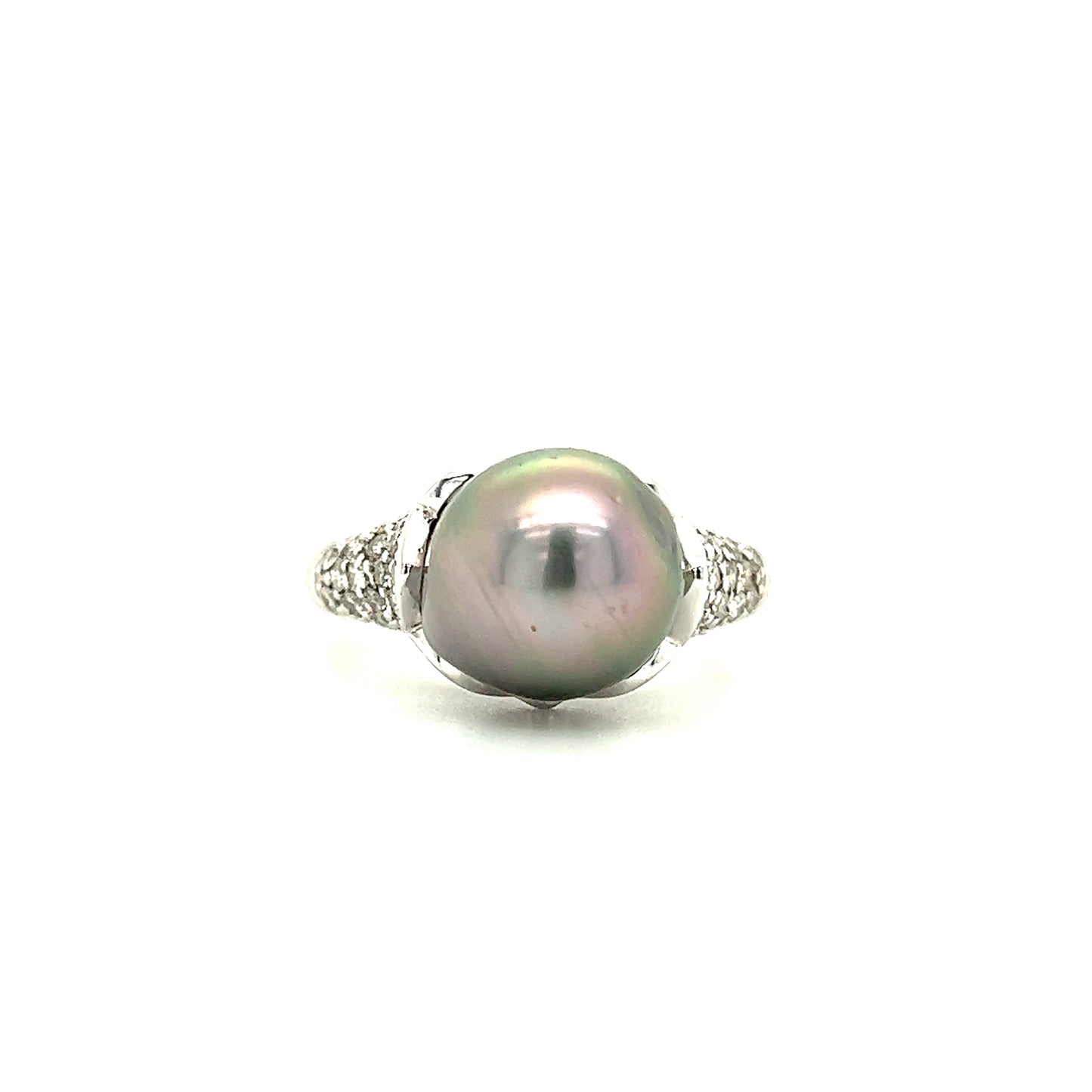 Tahitian Pearl Ring with 0.67ctw of Diamonds in 14K White Gold Front View
