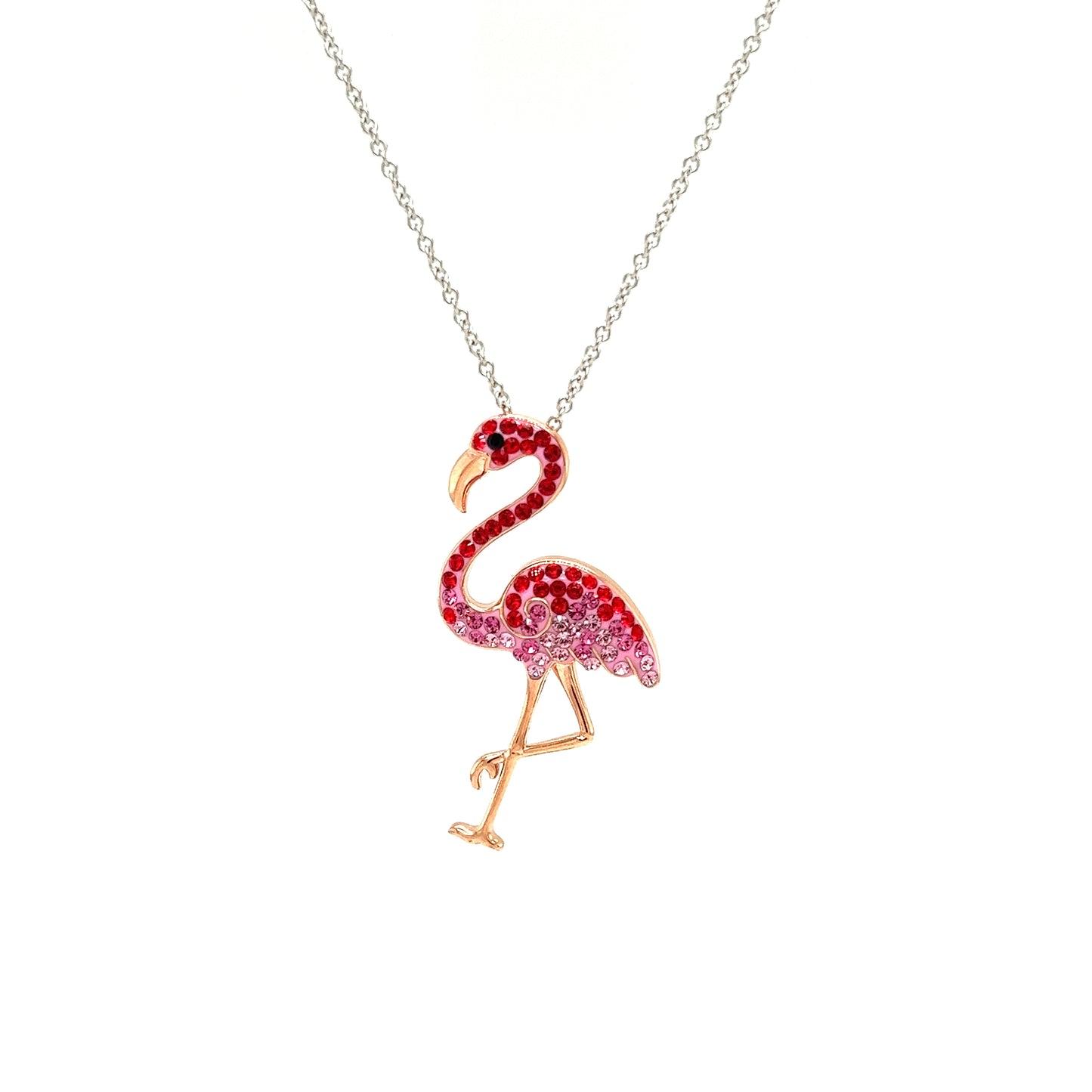 Flamingo Necklace with Red and Pink Crystals and Rose Gold Plating in Sterling Silver Necklace Front View
