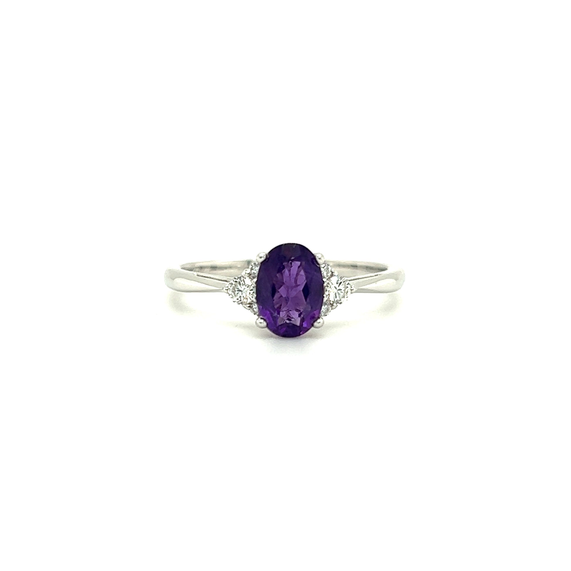 Oval Amethyst Ring with Six Side Diamonds in 14K White Gold Front View