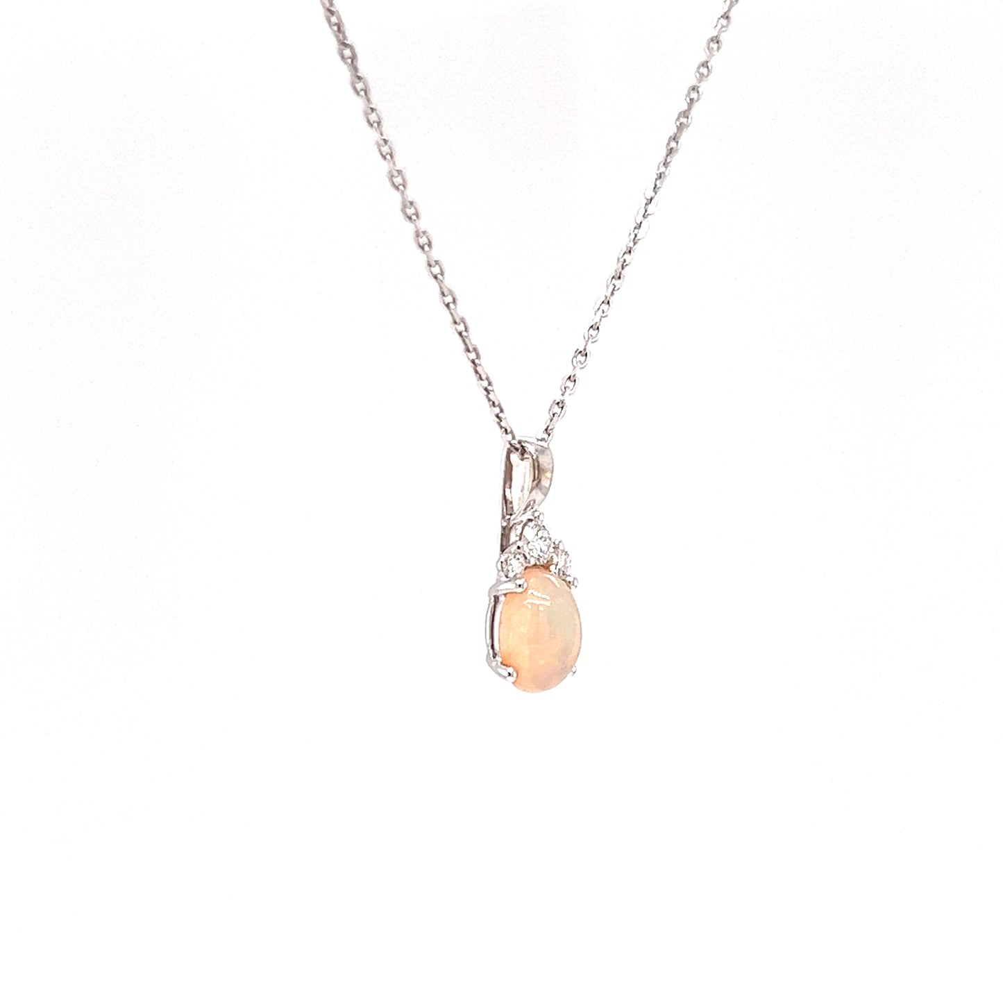 Ethiopian White Opal Pendant with Three Diamonds in 14K White Gold Left Side View with Chain