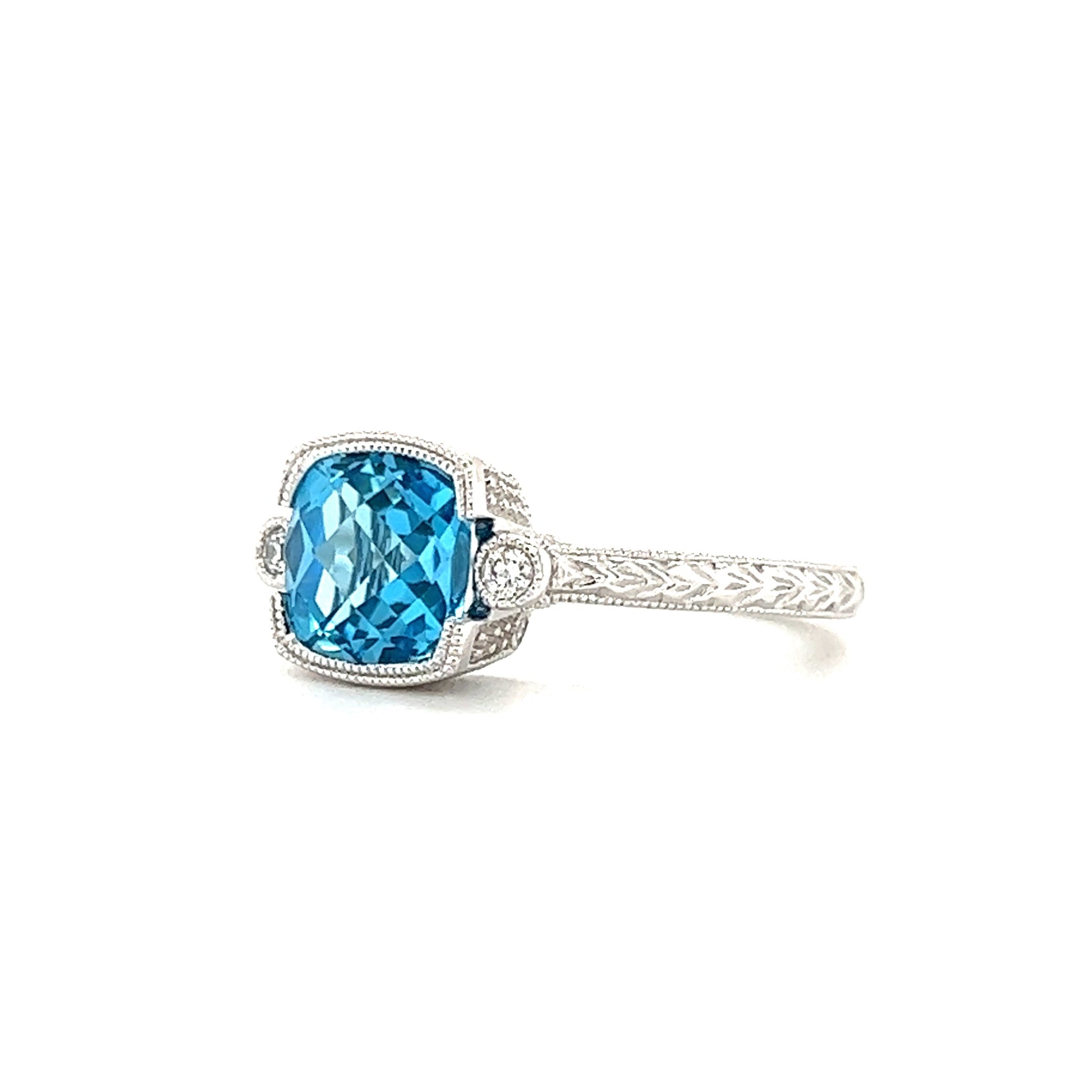 Blue Topaz Ring with Side Diamonds and Engraving in 14k White Gold Left Side View