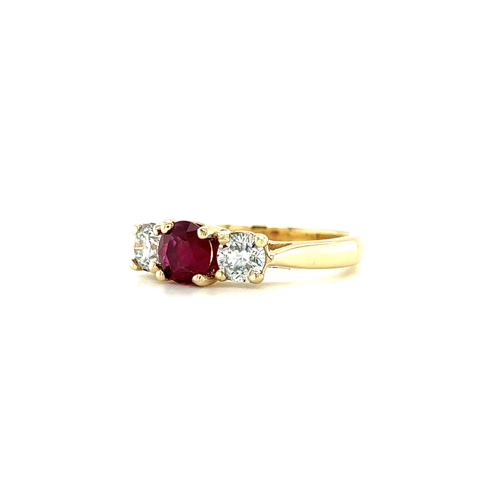 Round Ruby Ring with Two Side Diamonds in 14K Yellow Gold Right Side View
