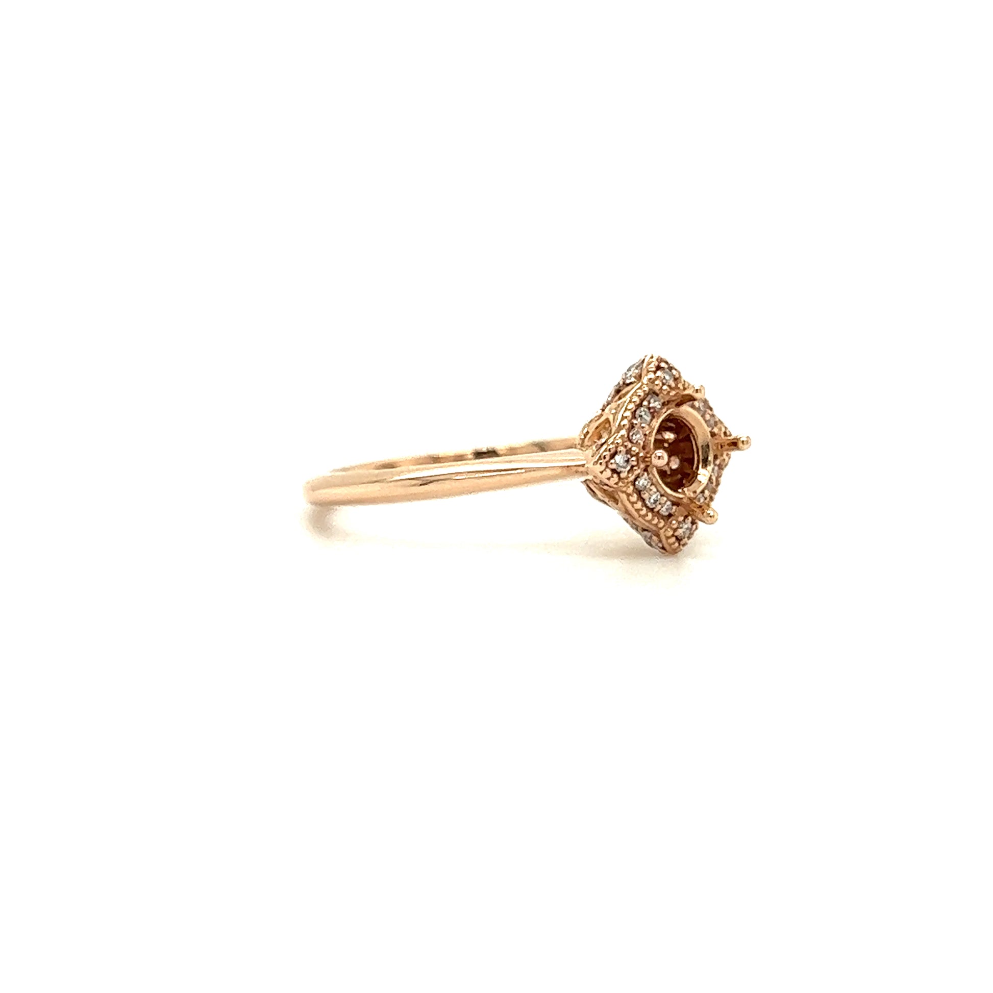 Ring Setting with Diamond Halo in 14K Rose Gold  Left Side View