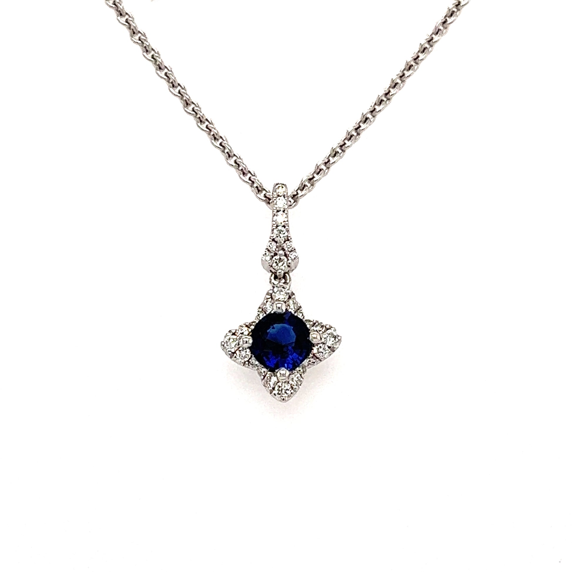 Floral Round Sapphire Pendant with 29 Diamonds in 18K White Gold Pendant with Chain Front View