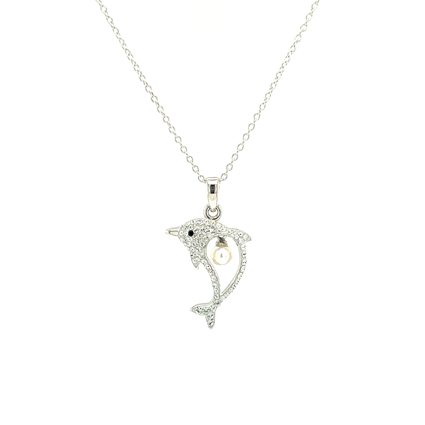Dolphin Necklace With 4mm White Pearl and White Crystals in Sterling Silver Necklace Front View