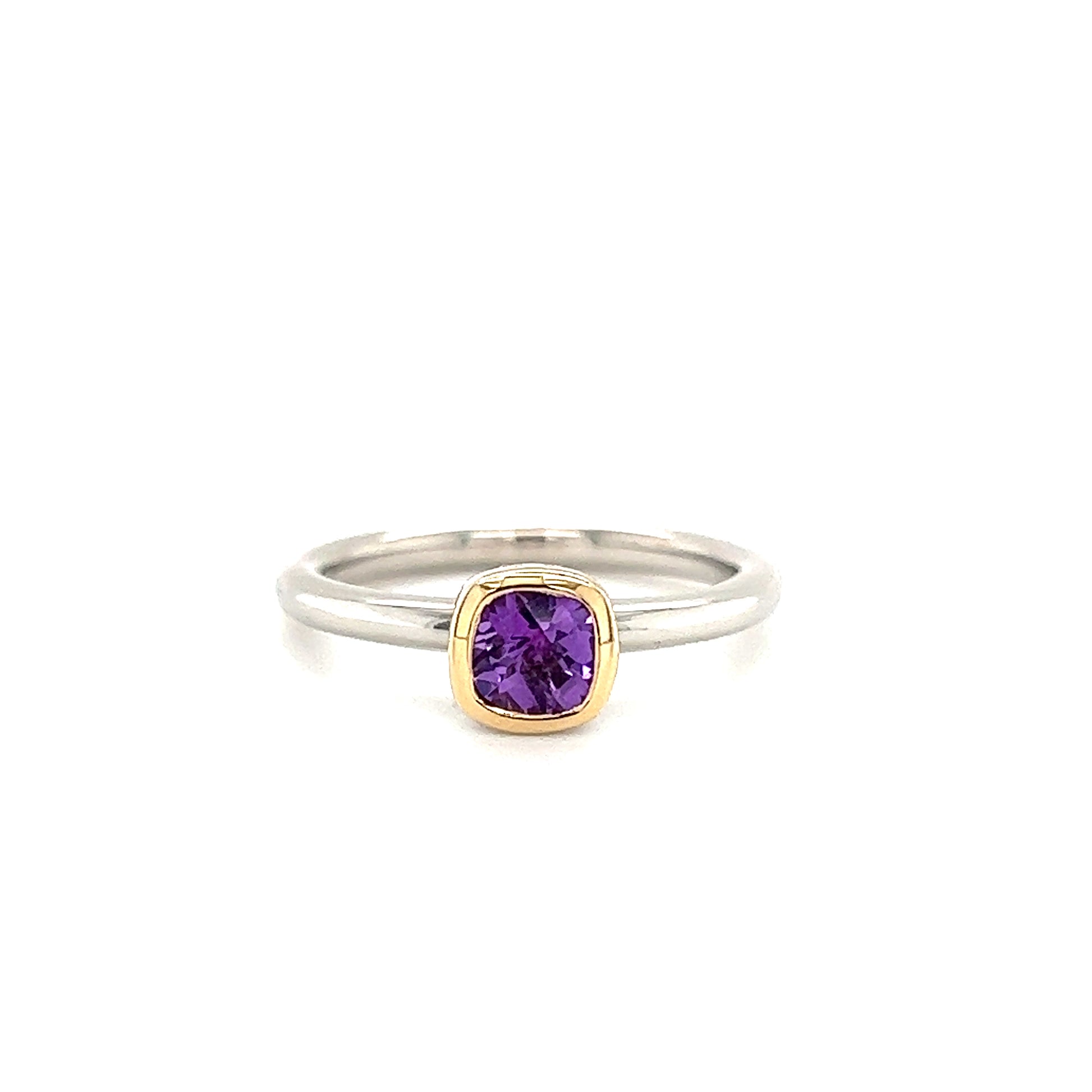 Cushion Amethyst Ring in Sterling Silver with 14K Yellow Gold Accent Front