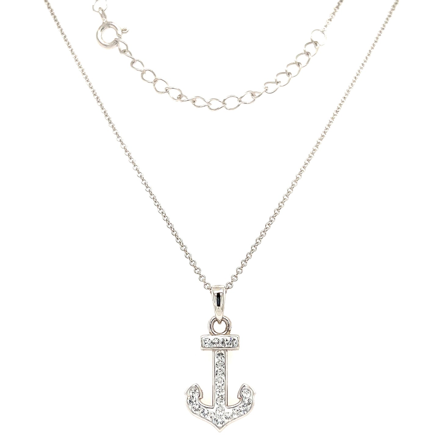 Anchor Necklace with White Crystals in Sterling Silver Full Necklace Front View