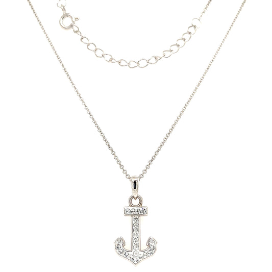 Anchor Necklace with White Crystals in Sterling Silver Full Necklace Front View