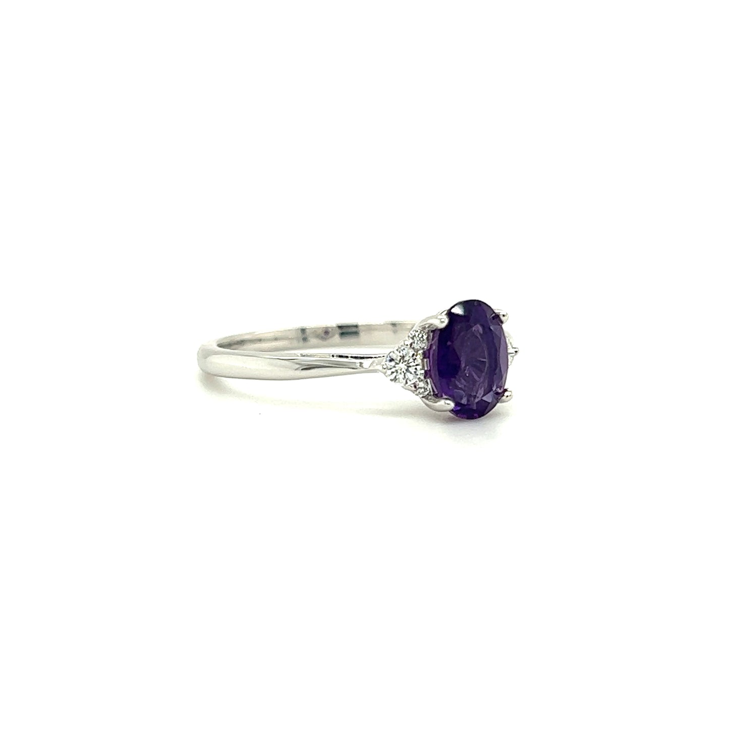 Oval Amethyst Ring with Six Side Diamonds in 14K White Gold Left Side View