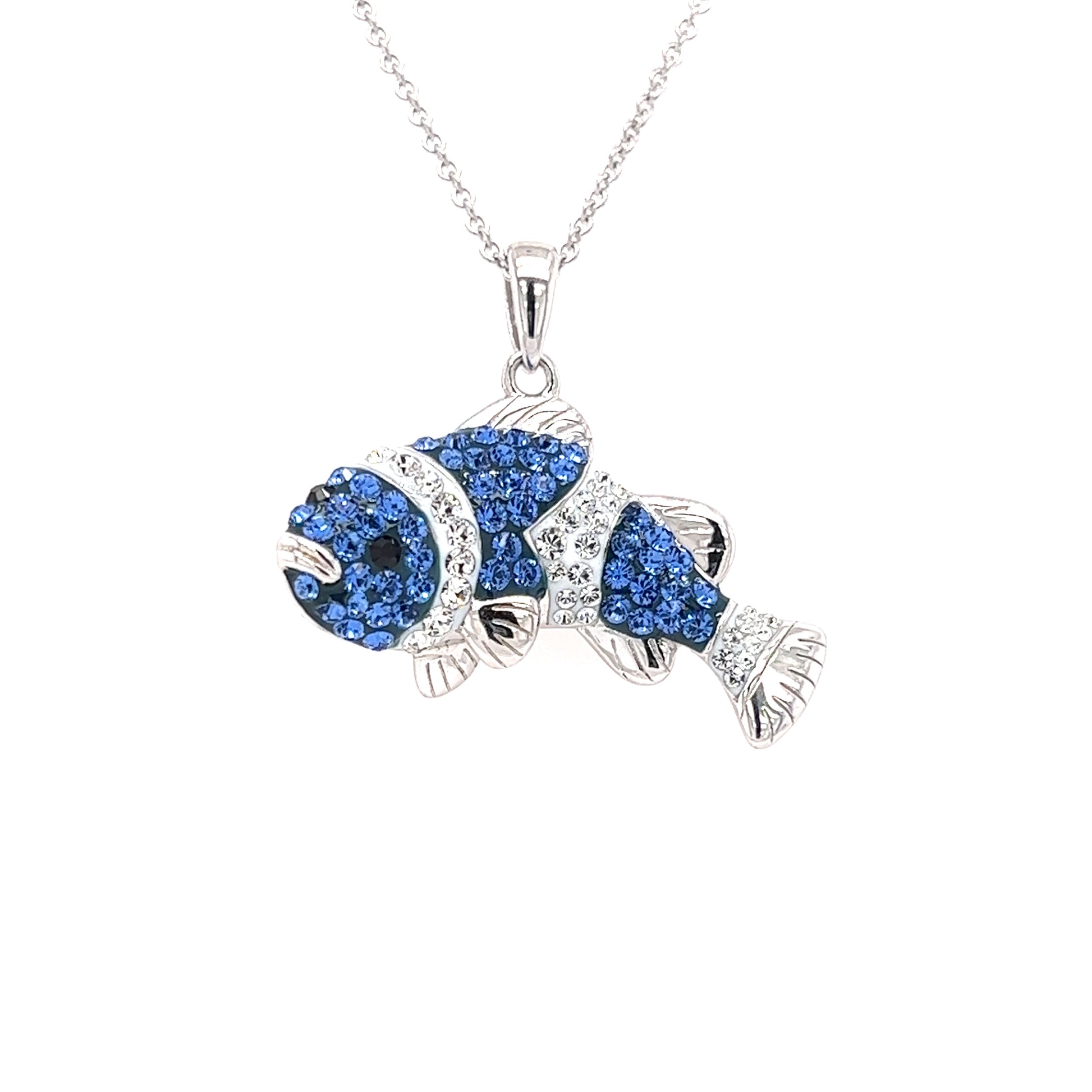 Clownfish Necklace with Blue and White Crystals in Sterling Silver Pendant View