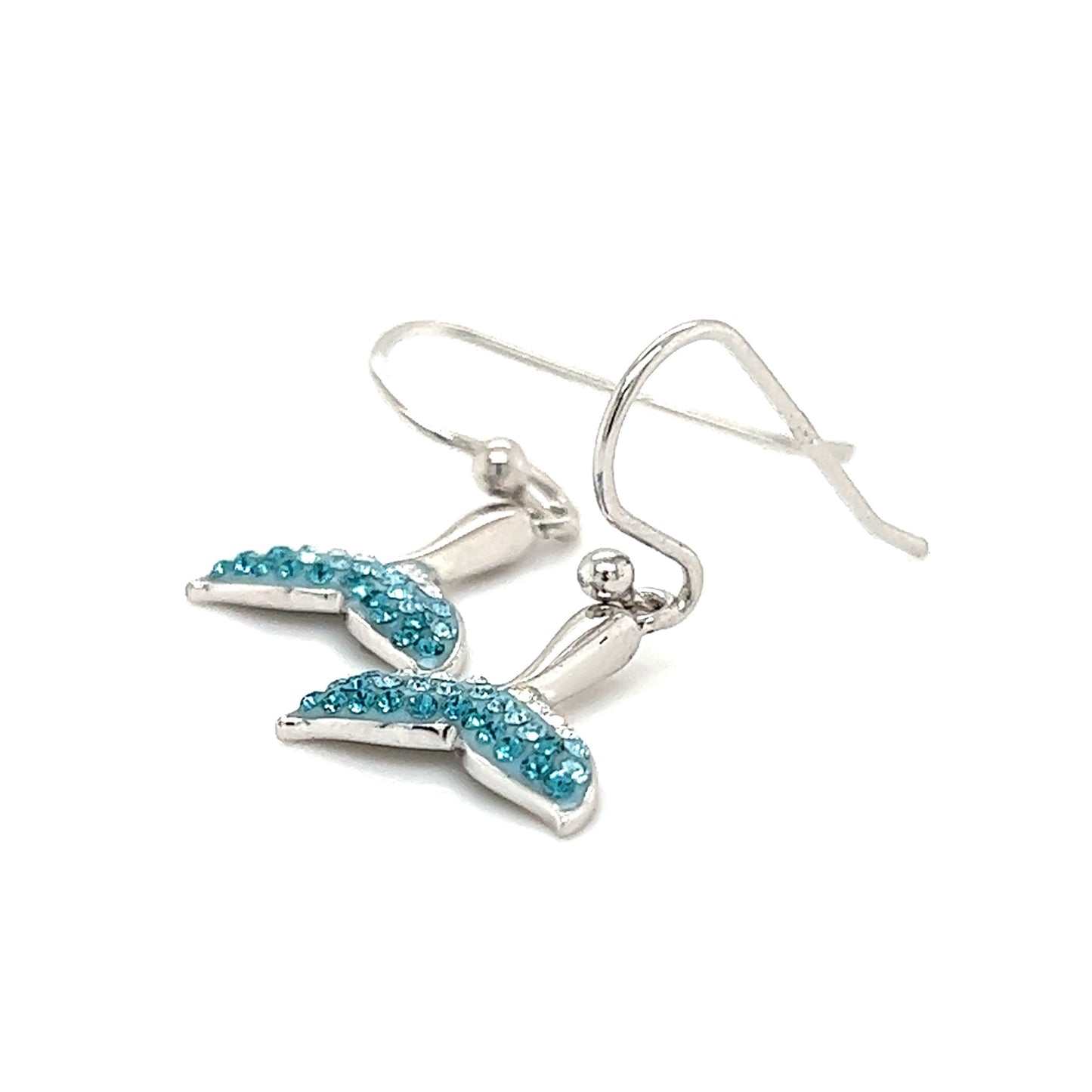 Whale Tail Dangle Earrings in Sterling Silver Front Profile Side